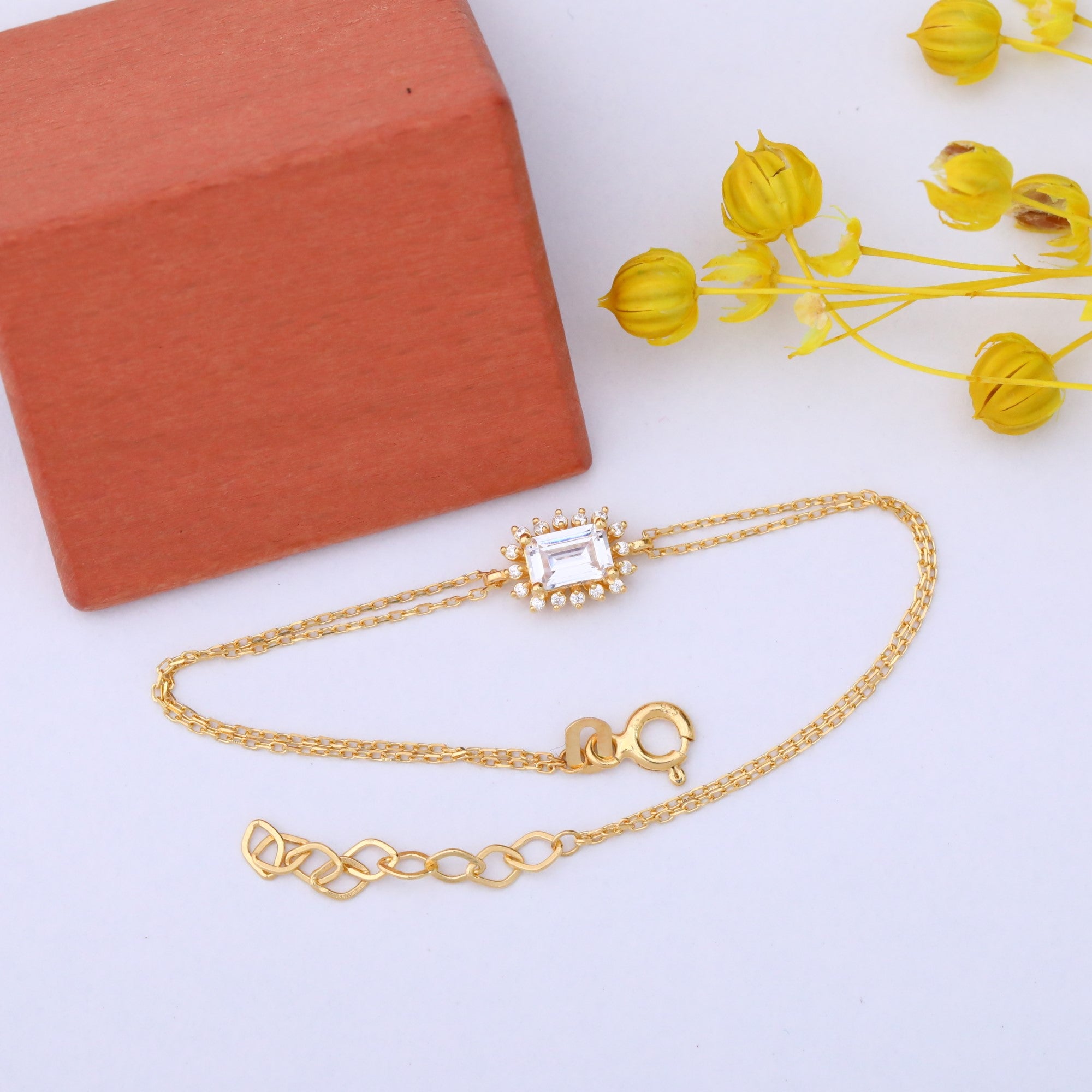 White Topaz Rectangle Bracelet surrounded by Real Diamonds in 14K Solid Gold, April Birthstone Jewelry Queen Jewelry Bracelet