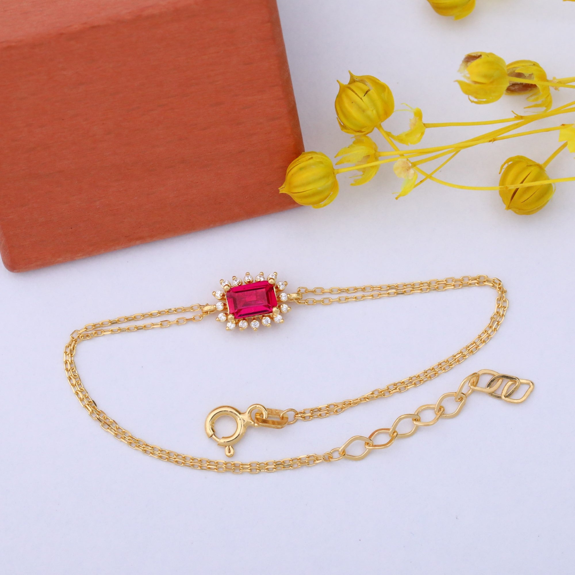 Ruby Rectangle Bracelet surrounded by Real Diamonds in 14K Solid Gold, July Birthstone Jewelry Queen Jewelry Bracelet