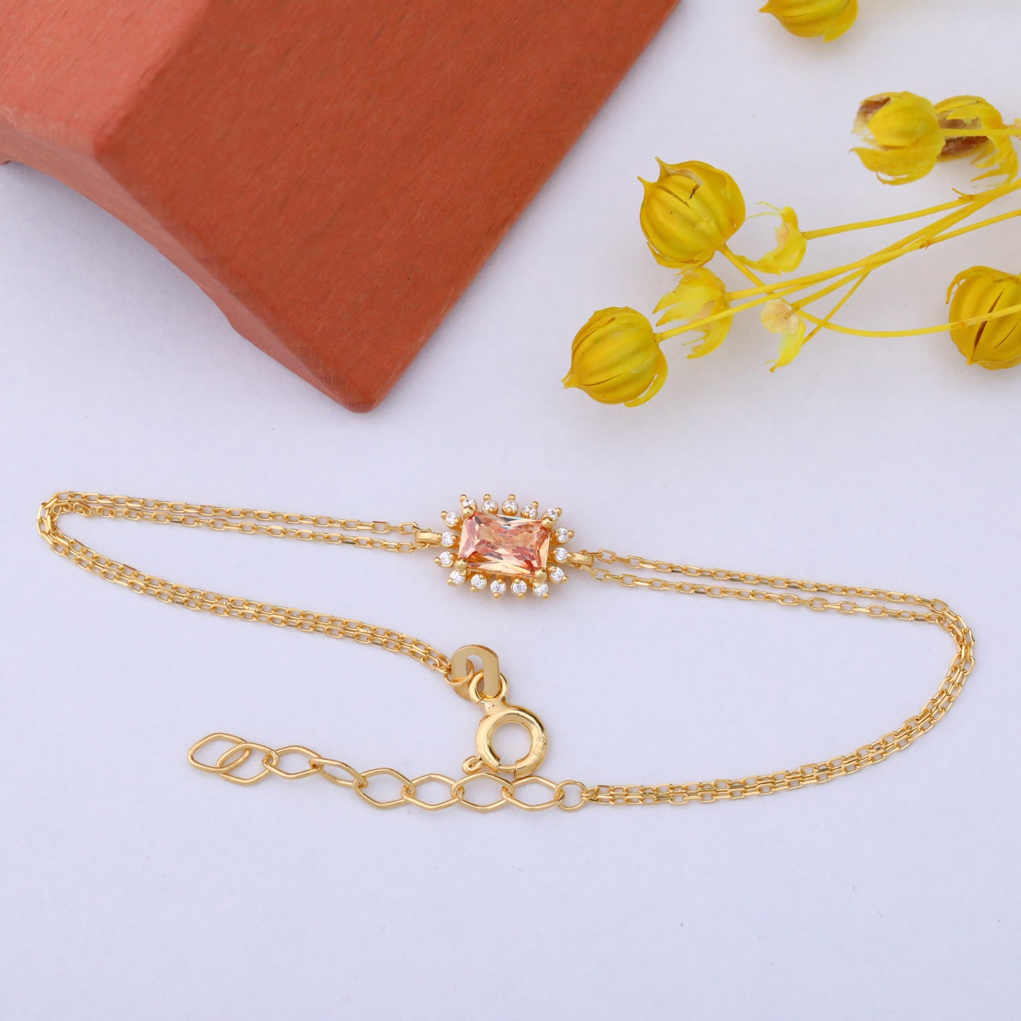 Citrine Rectangle Bracelet surrounded by Real Diamonds in 14K Solid Gold, November BirthstoneJewelry Queen Jewelry Bracelet