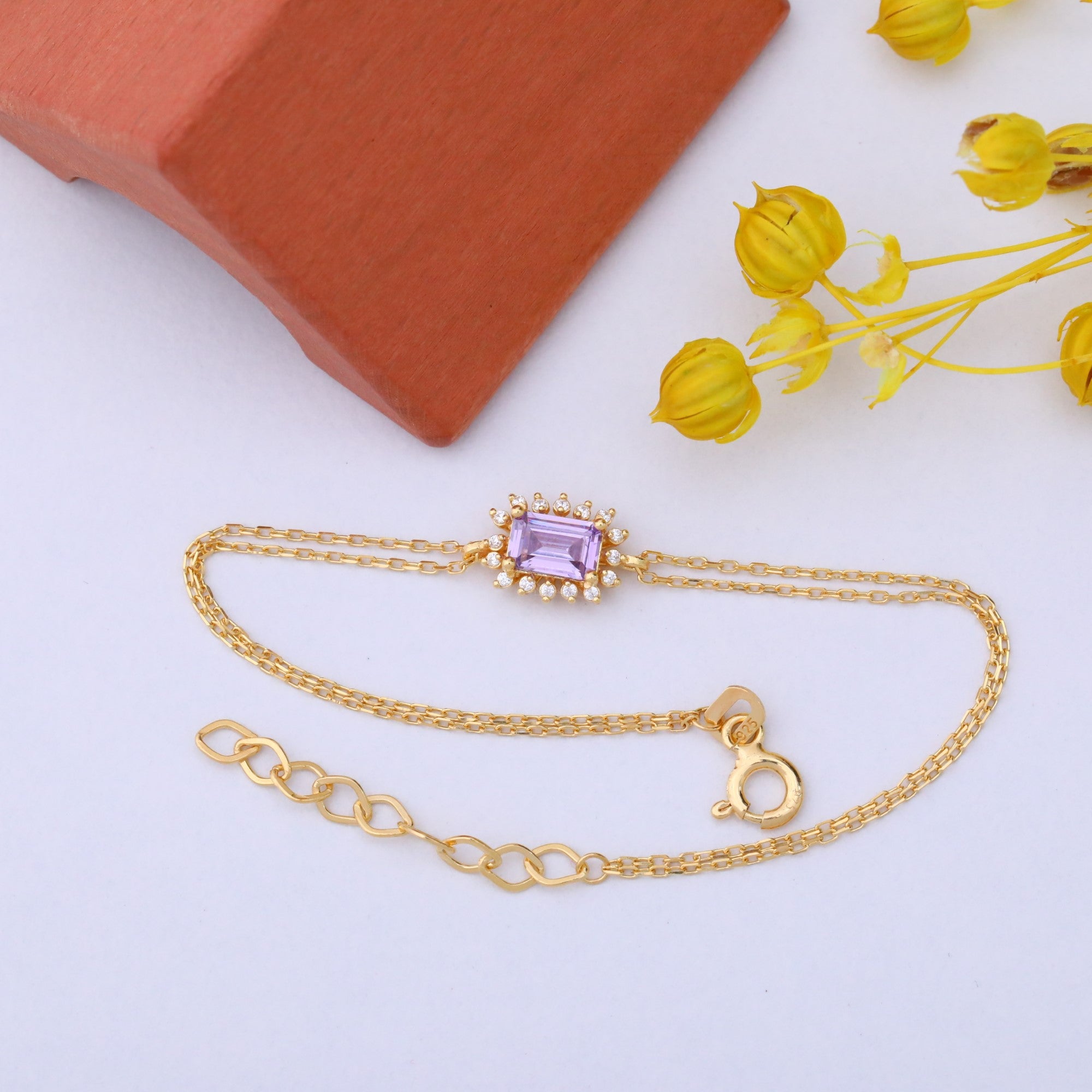 Alexandrite Rectangle Bracelet surrounded by Real Diamonds in 14K Solid Gold, June Birthstone Jewelry Queen Jewelry Bracelet