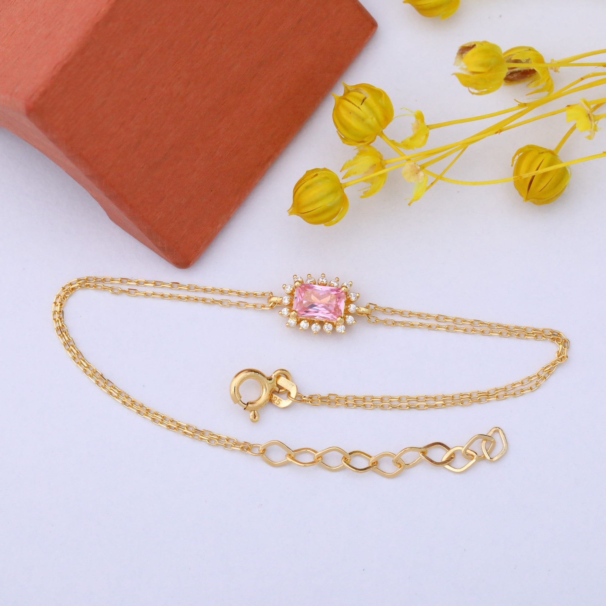 Pink Tourmaline Rectangle Bracelet surrounded by Real Diamonds in 14K Solid Gold, October Birthstone Jewelry Queen Jewelry Bracelet