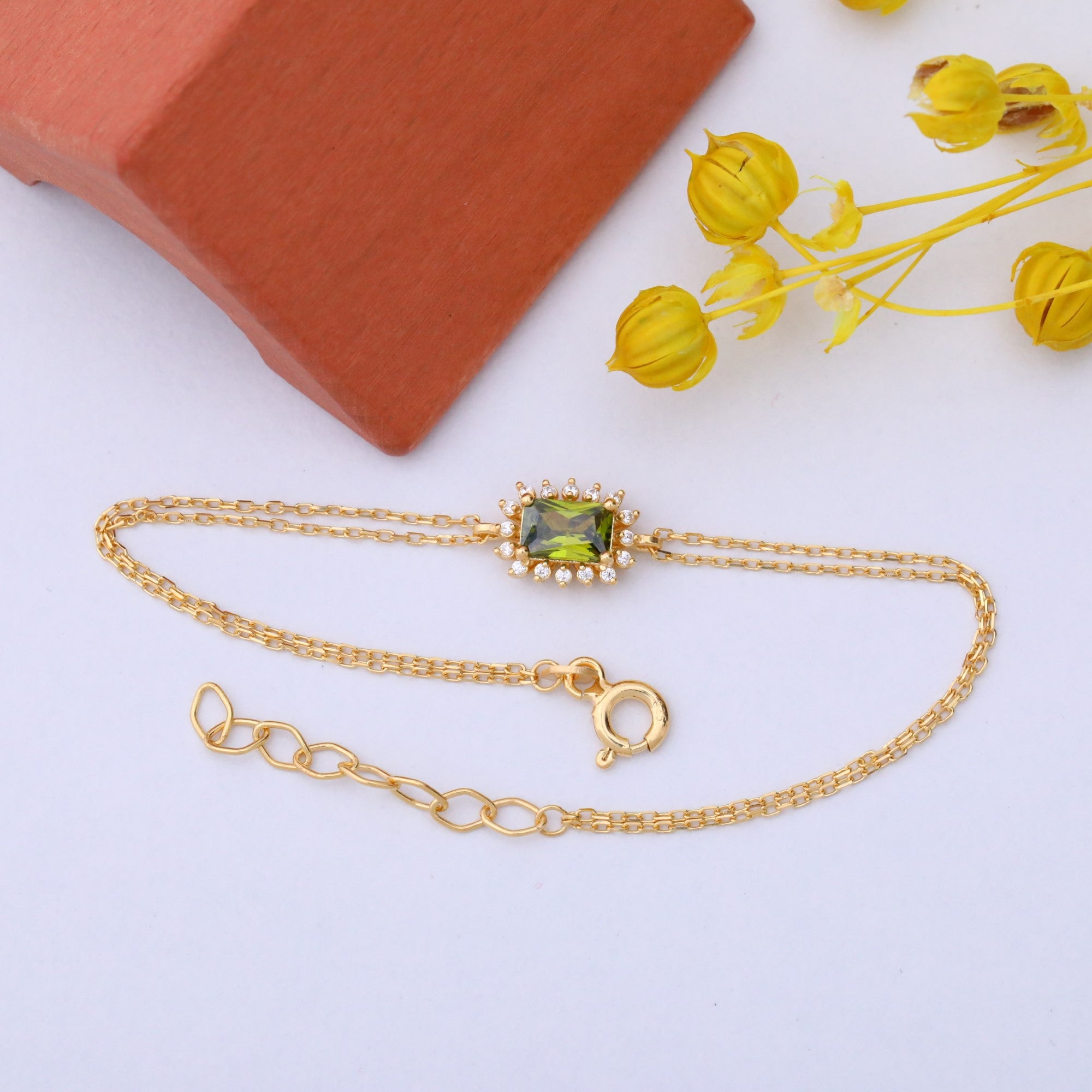 Peridot Rectangle Bracelet surrounded by Real Diamonds in 14K Solid Gold, August Birthstone Jewelry Queen Jewelry Bracelet