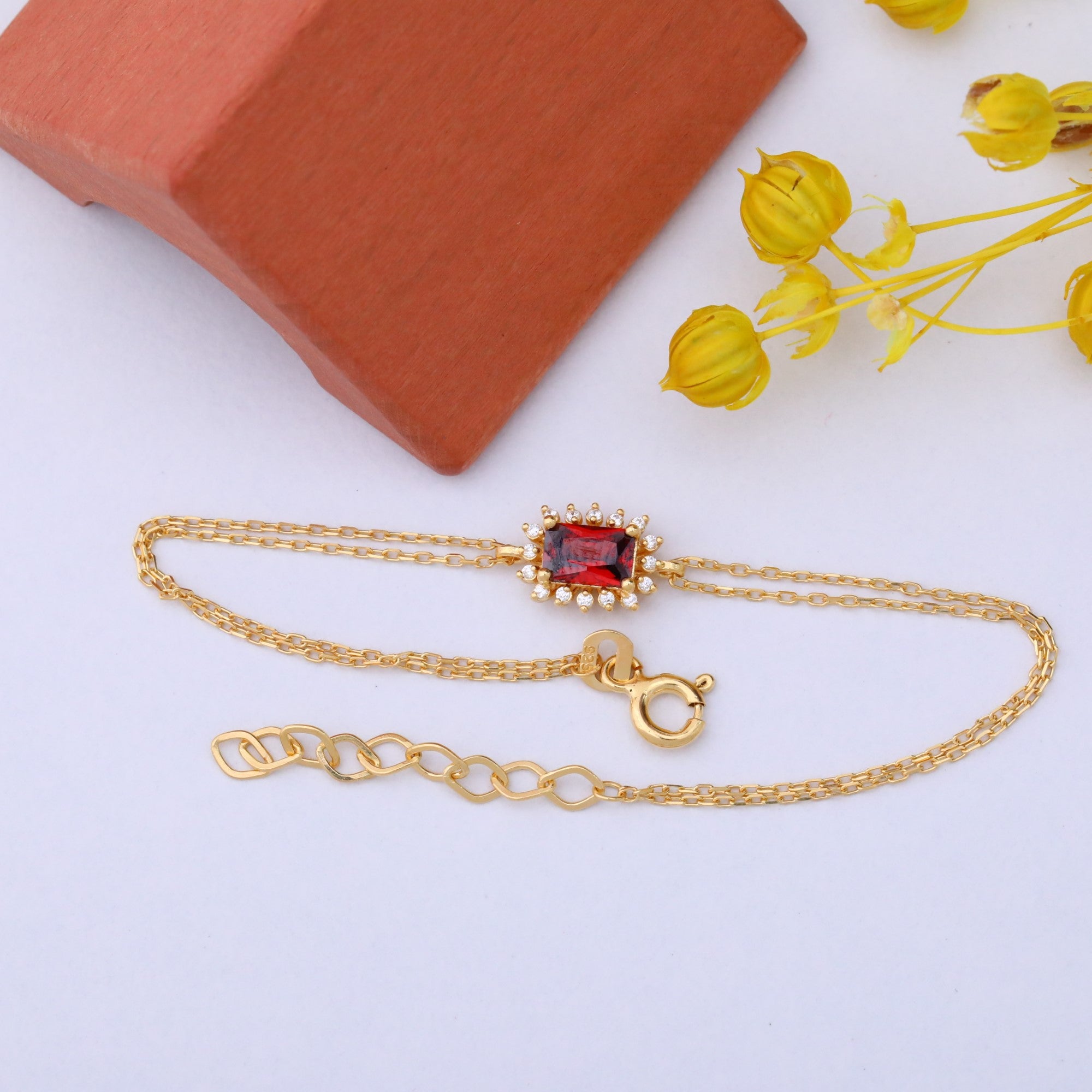 Garnet Rectangle Bracelet surrounded by Real Diamonds in 14K Solid Gold, January Birthstone Jewelry Queen Jewelry Bracelet
