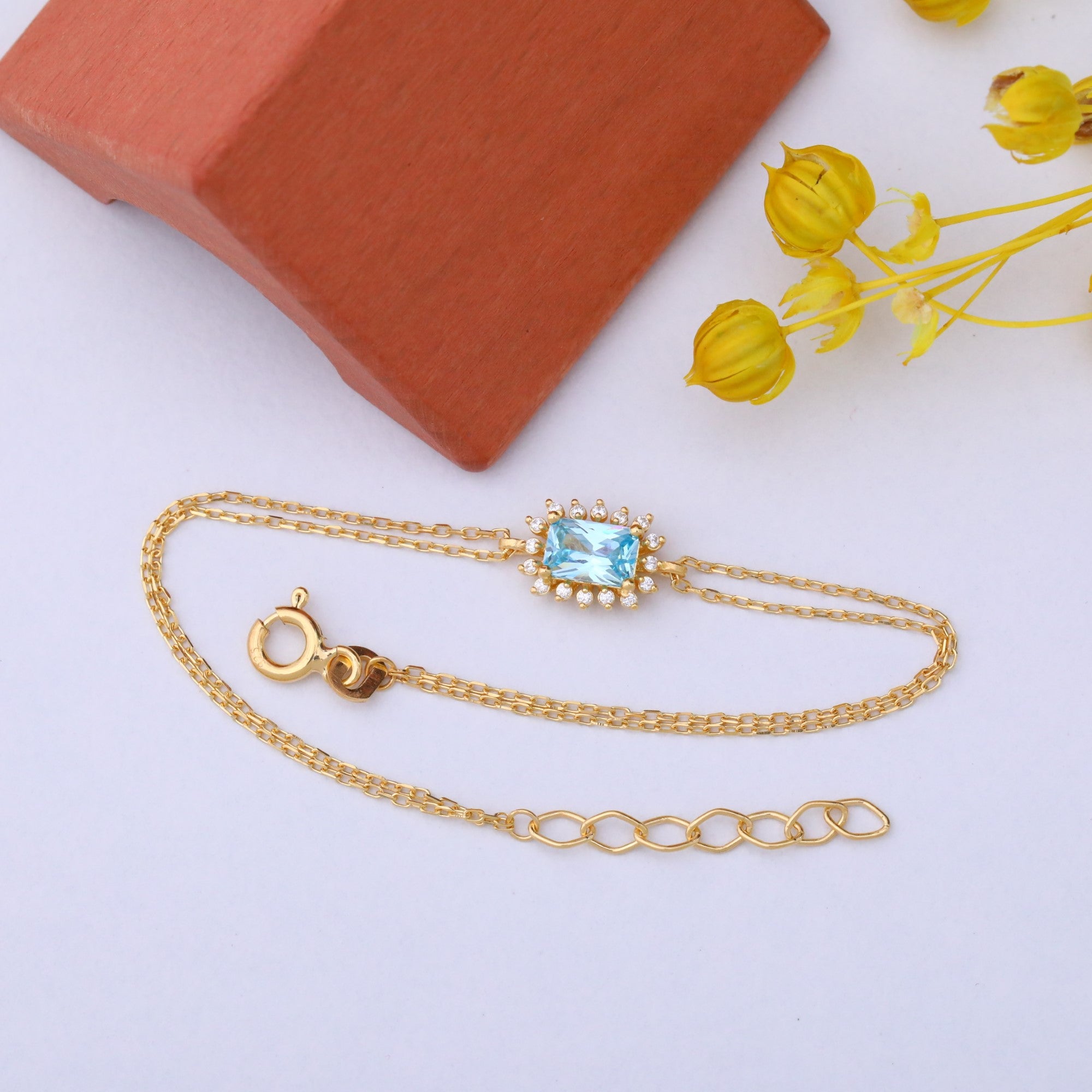 Aquamarine Rectangle Bracelet surrounded by Real Diamonds in 14K Solid Gold, March Birthstone Jewelry Queen Jewelry Bracelet
