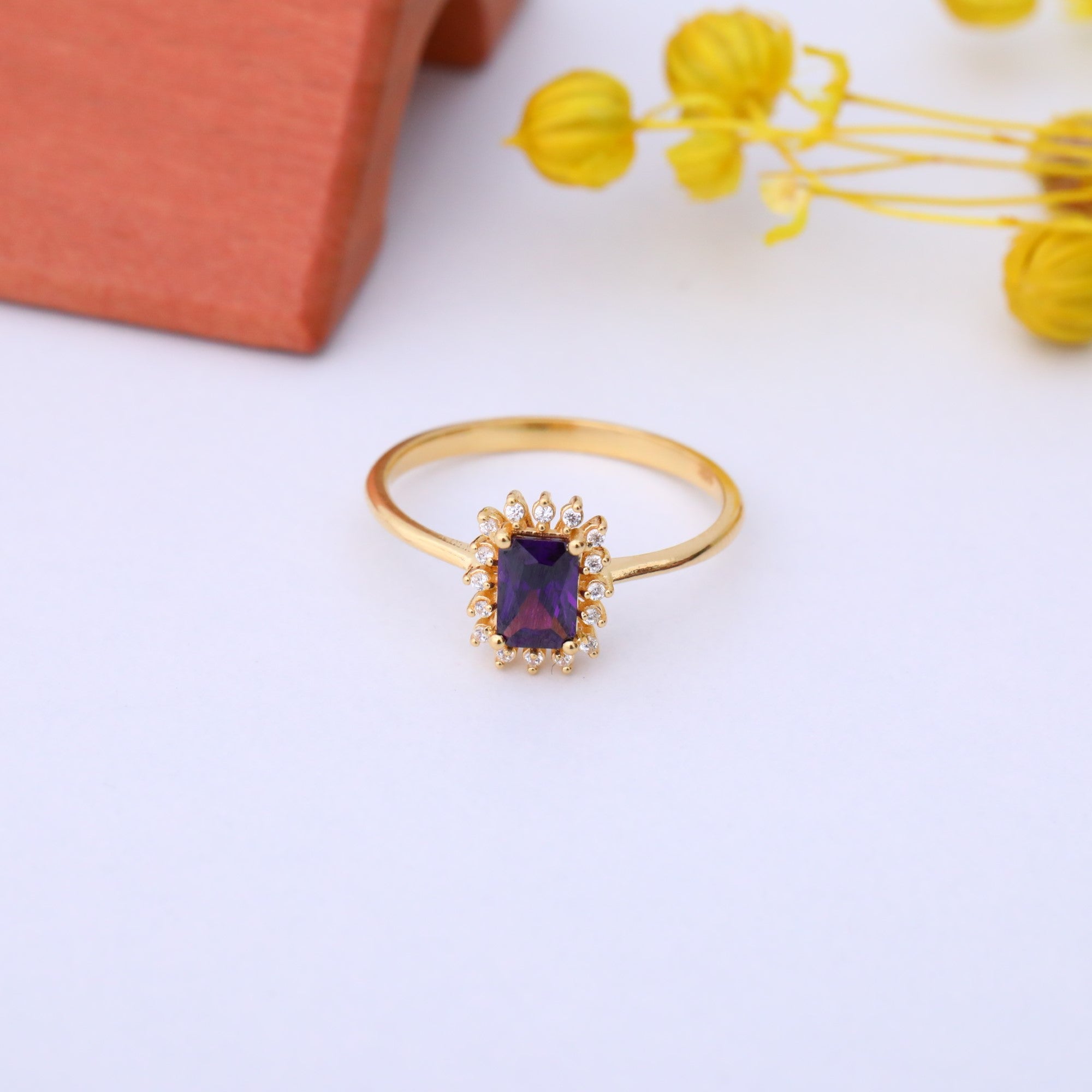 Amethyst Rectangle Ring Surrounded by Real Diamonds in 14K Solid Gold, February Birthstone Jewelry Queen Jewelry Rings