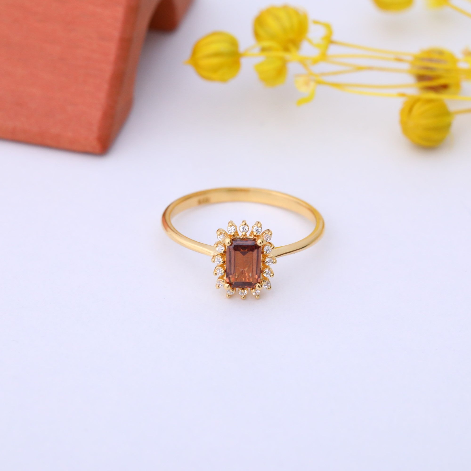 Smoky Quartz Rectangle Ring Surrounded by Real Diamonds in 14K Solid Gold, Birthstone Jewelry Queen Jewelry Rings