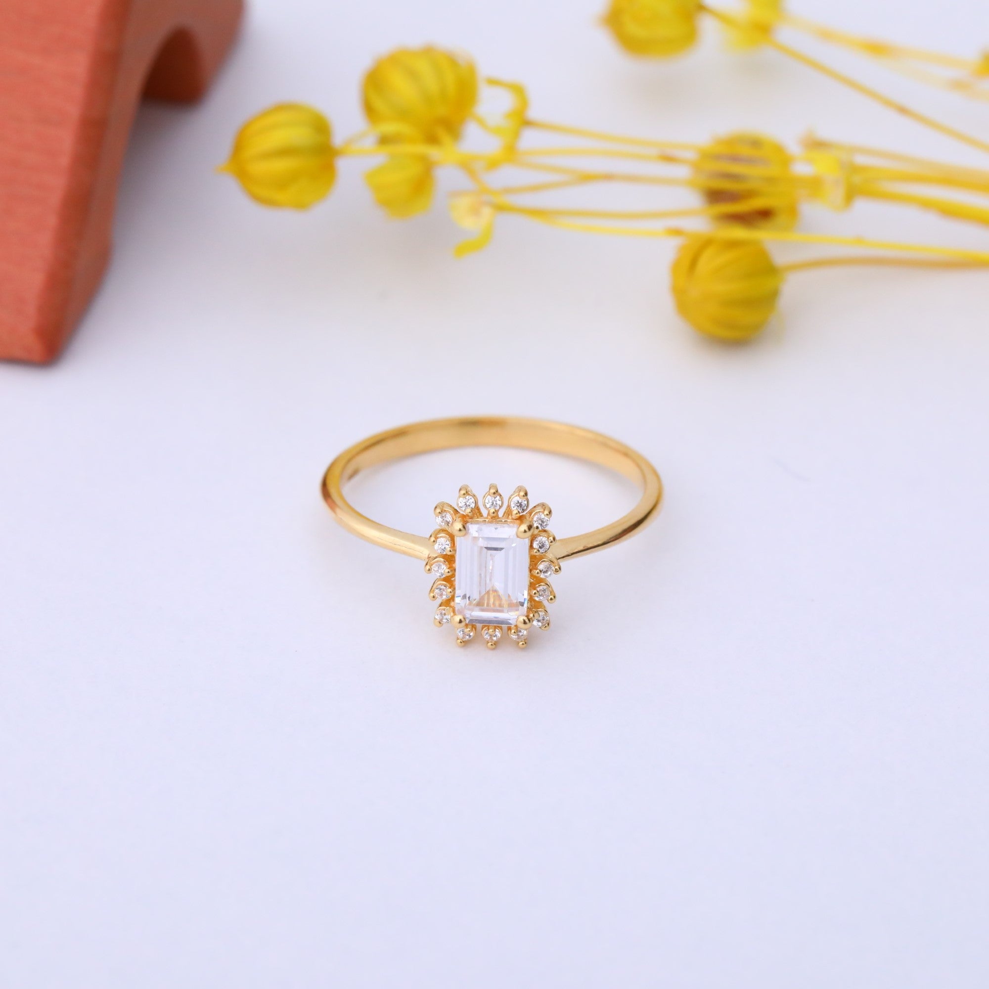 White Topaz Rectangle Ring Surrounded by Real Diamonds in 14K Solid Gold, April Birthstone Jewelry Queen Jewelry Rings