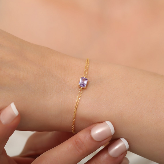 Rectangle Alexandrite Bracelet 8K/10K/14K Solid Gold, Dainty Gold Baguette June Birthstone