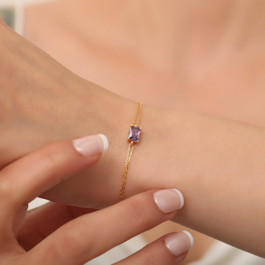 Rectangle Amethyst Bracelet 8K/10K/14K Solid Gold, Dainty Gold Baguette February Birthstone
