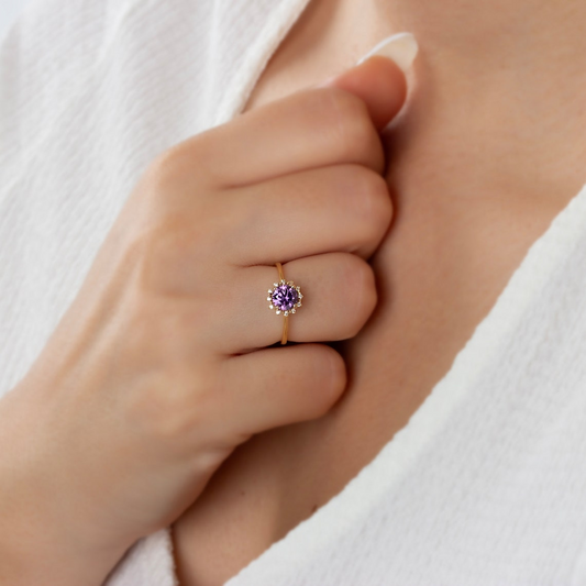 Round Amethyst Ring with Real Diamond Around 14K Solid Gold, February Birthstone