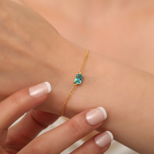 Rectangle Aqua Green Bracelet 8K/10K/14K Solid Gold, Dainty Gold Baguette Bracelet