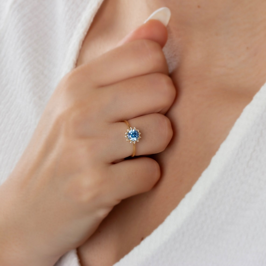 Round Aquamarine Ring with Real Diamond Around 14K Solid Gold, March Birthstone