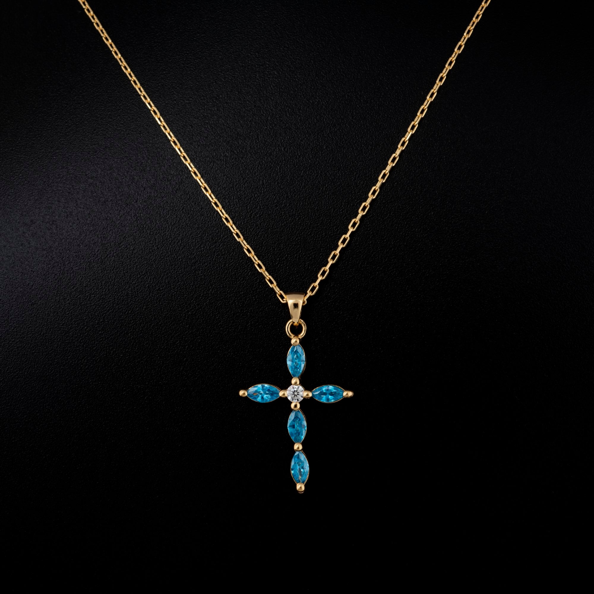Blue Topaz Single Diamond Marquise Cross Necklace in 14K Solid Gold, December Birthstone Pendant Queen Jewelry Necklace