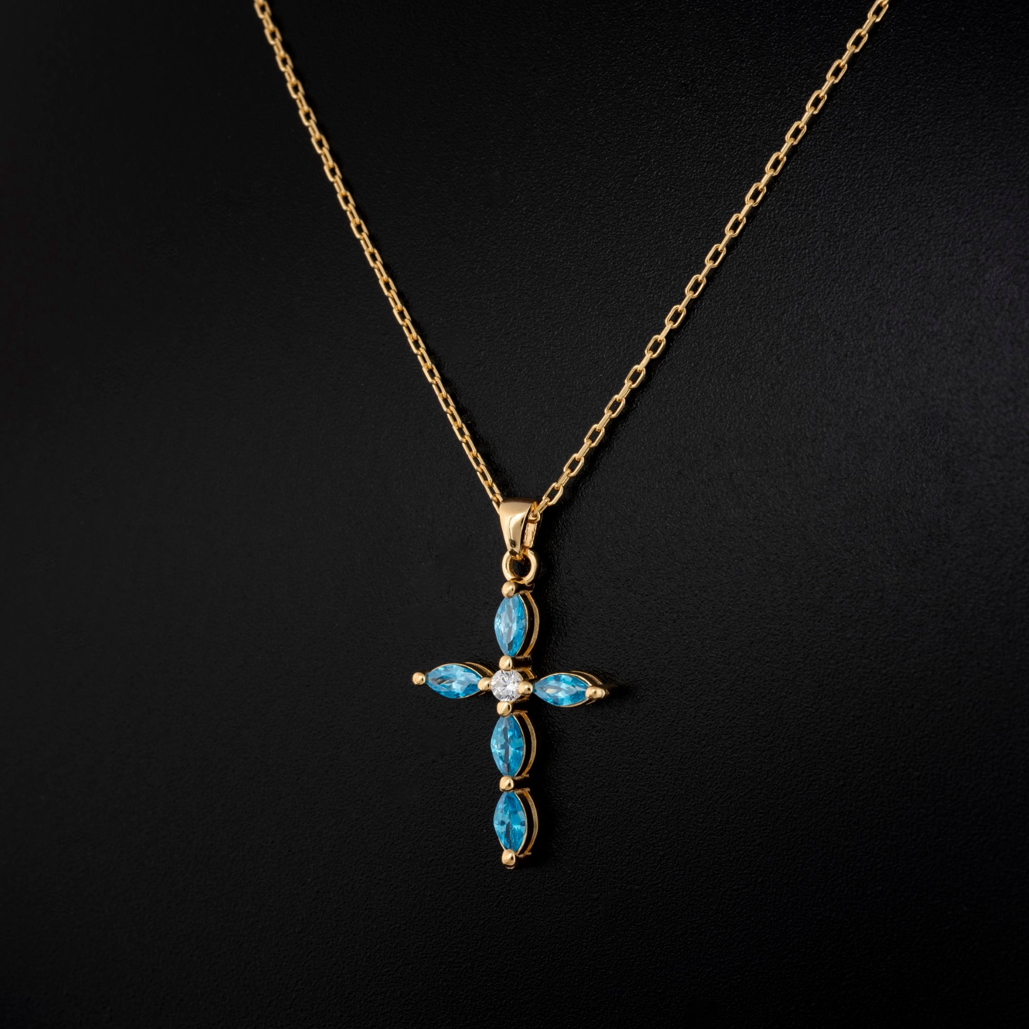 Blue Topaz Single Diamond Marquise Cross Necklace in 14K Solid Gold, December Birthstone Pendant Queen Jewelry Necklace