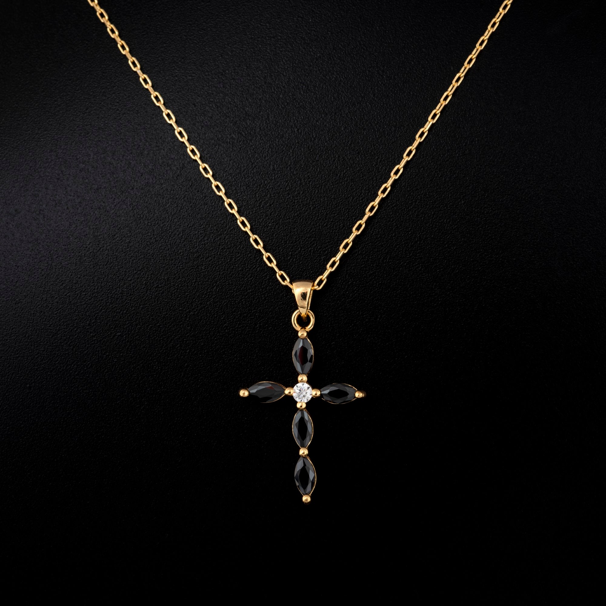 Black Onyx Single Diamond Marquise Cross Necklace in 14K Solid Gold, Birthstone Pendant Queen Jewelry Necklace