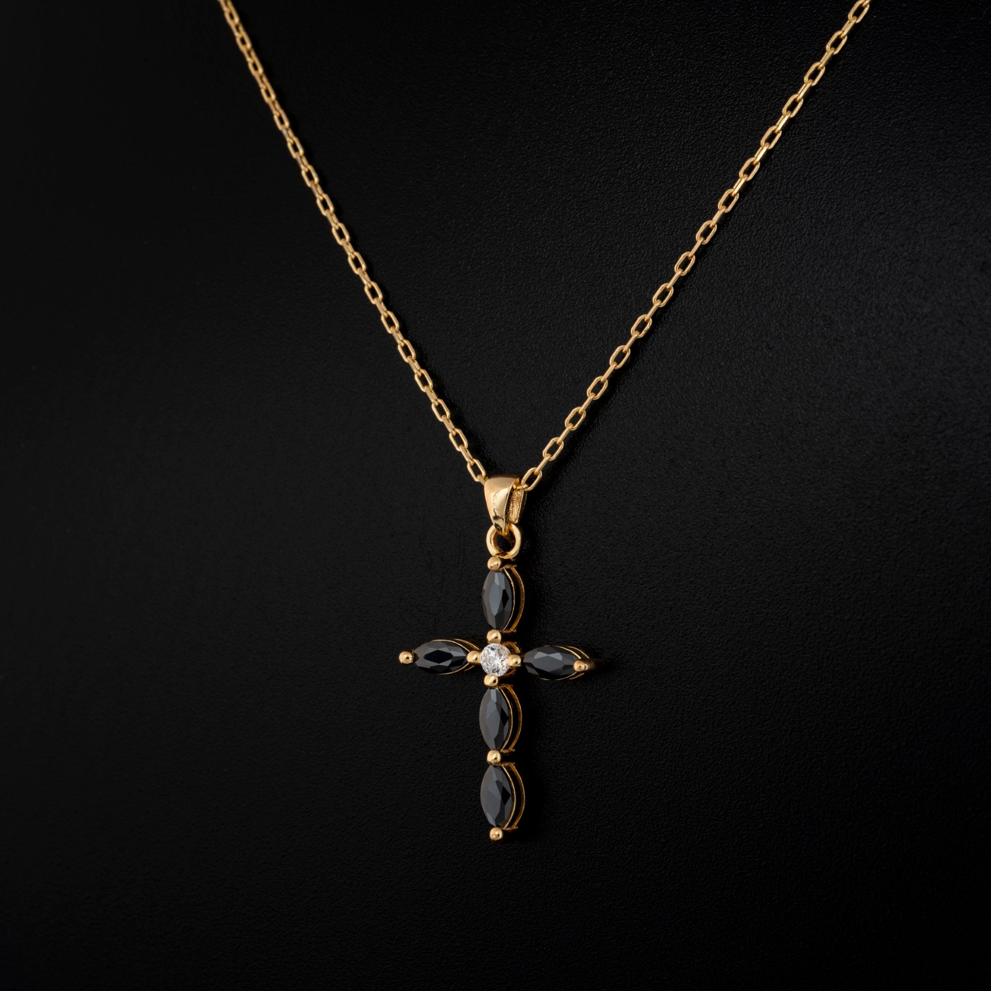Black Onyx Single Diamond Marquise Cross Necklace in 14K Solid Gold, Birthstone Pendant Queen Jewelry Necklace