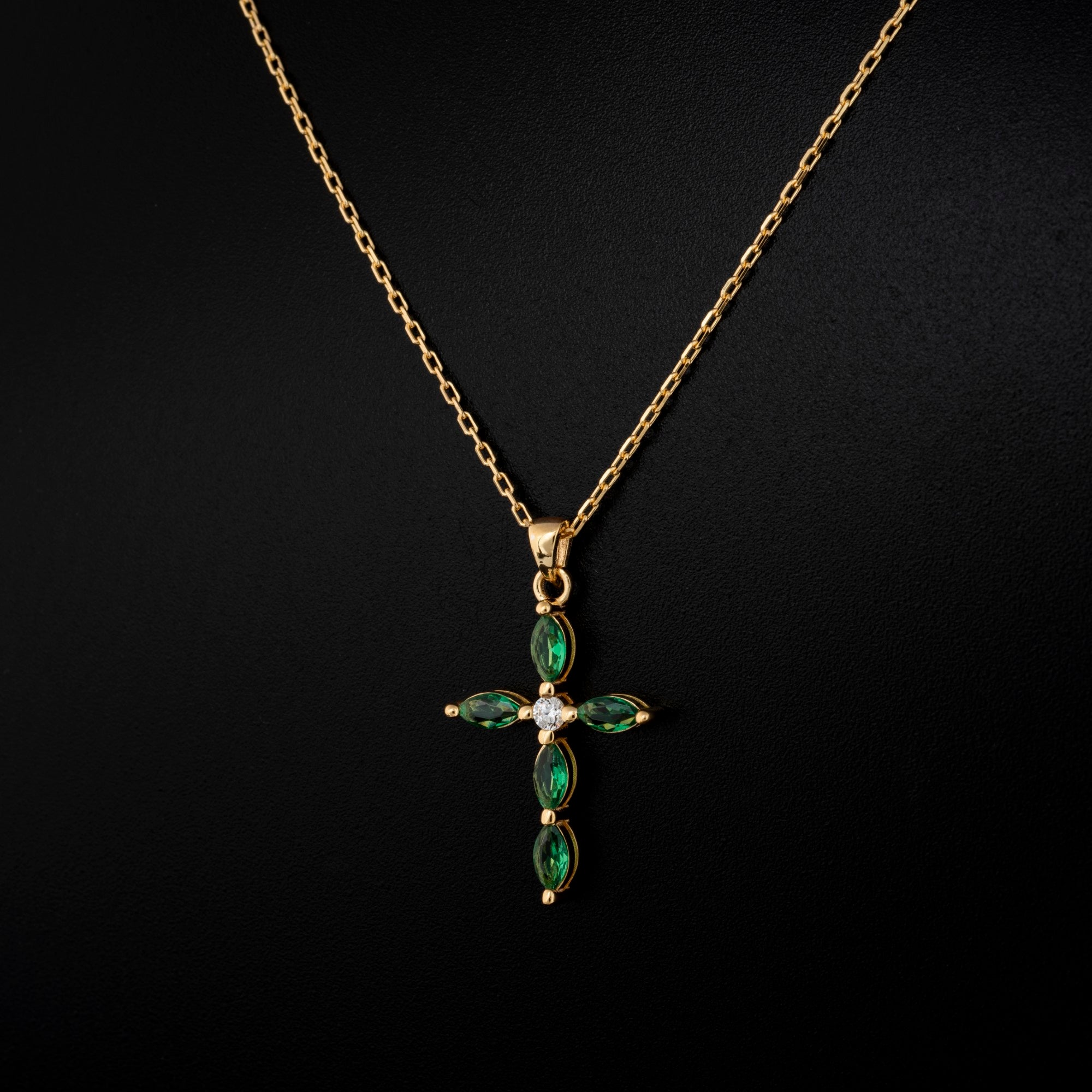 Emerald Single Diamond Marquise Cross Necklace in 14K Solid Gold, May Birthstone Pendant Queen Jewelry Necklace