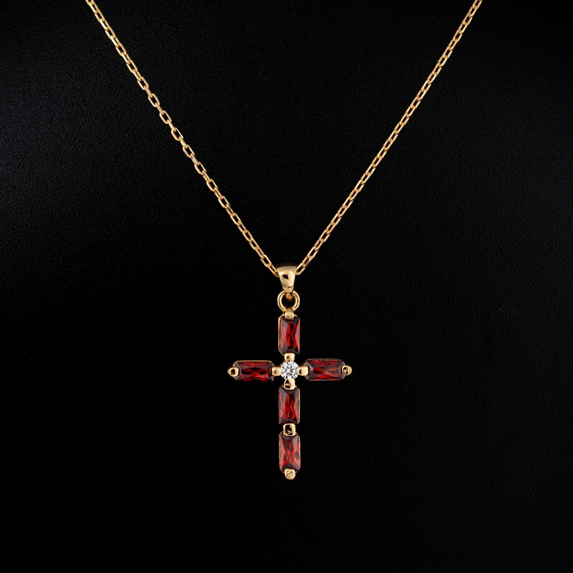 Garnet Single Diamond Rectangular Cut Cross Necklace in 14K Solid Gold, January Birthstone Pendant Queen Jewelry Necklace