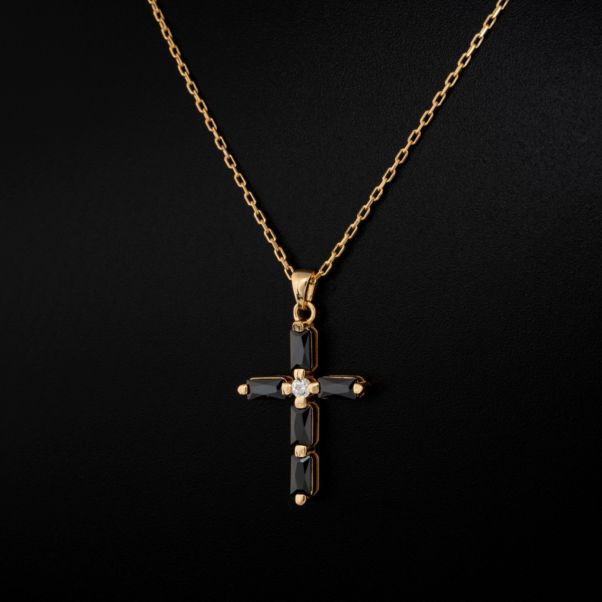 Black Onyx Single Diamond Rectangular Cut Cross Necklace in 14K Solid Gold, Birthstone Pendant Queen Jewelry Necklace