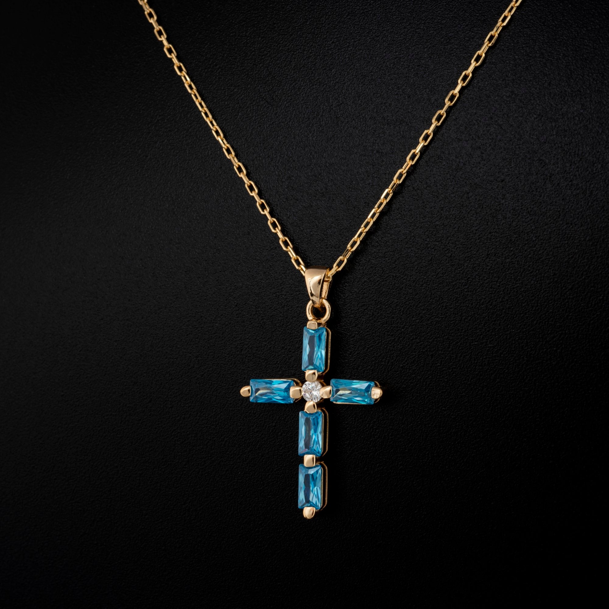 Blue Topaz Single Diamond Rectangular Cut Cross Necklace in 14K Solid Gold, December Birthstone Pendant Queen Jewelry Necklace