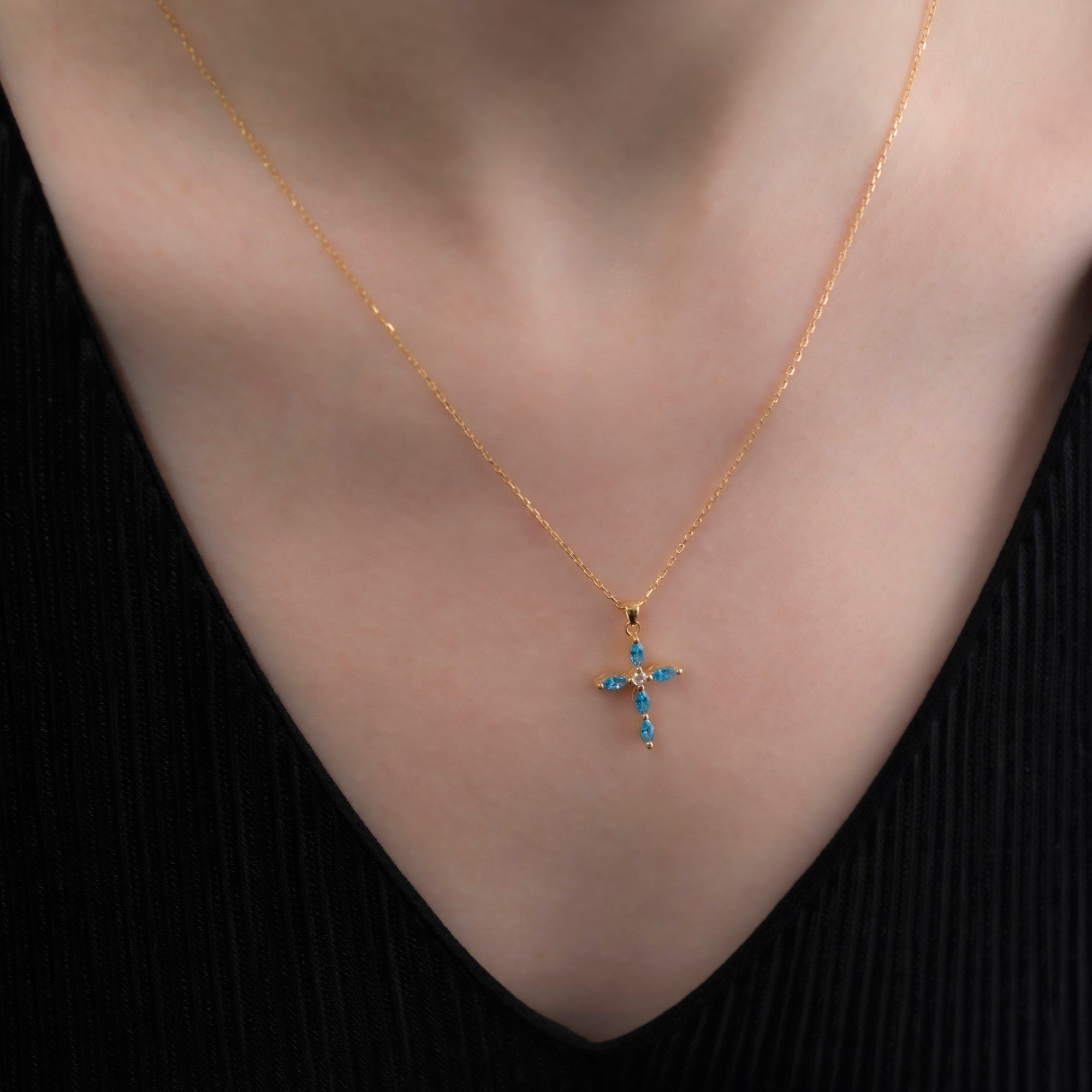 Blue Topaz Single Diamond Marquise Cross Necklace in 14K Solid Gold, December Birthstone Pendant Queen Jewelry Necklace