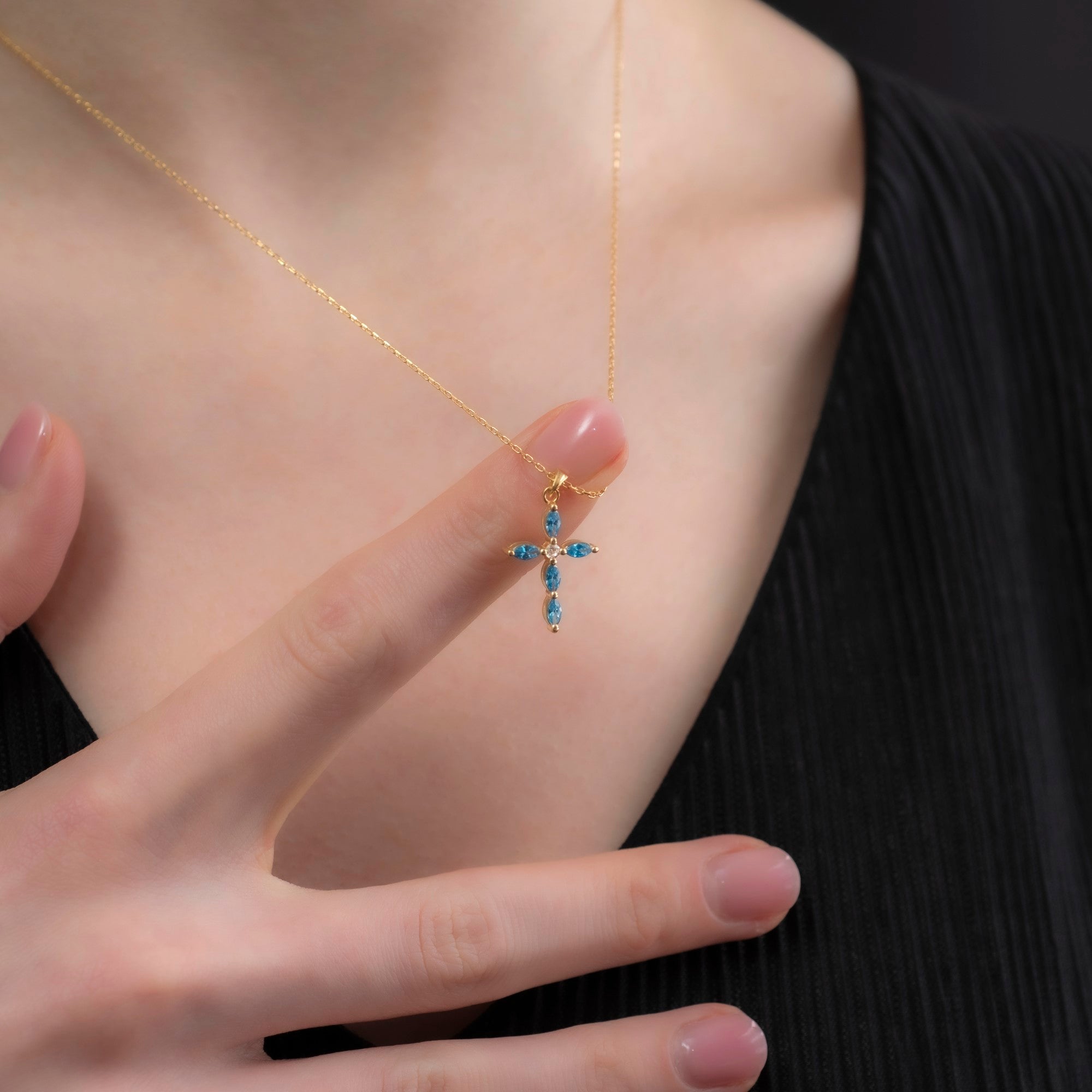 Blue Topaz Single Diamond Marquise Cross Necklace in 14K Solid Gold, December Birthstone Pendant Queen Jewelry Necklace