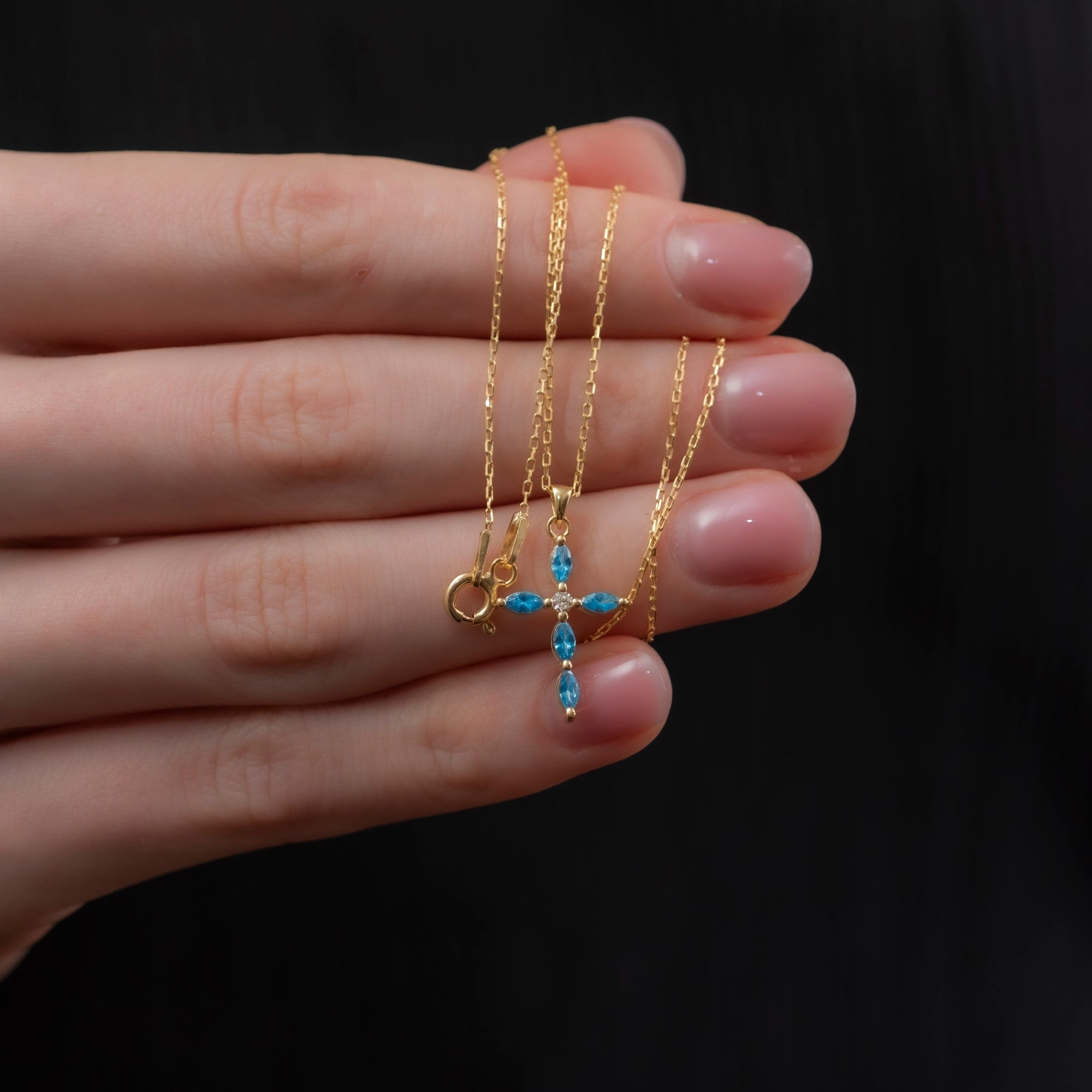 Blue Topaz Single Diamond Marquise Cross Necklace in 14K Solid Gold, December Birthstone Pendant Queen Jewelry Necklace
