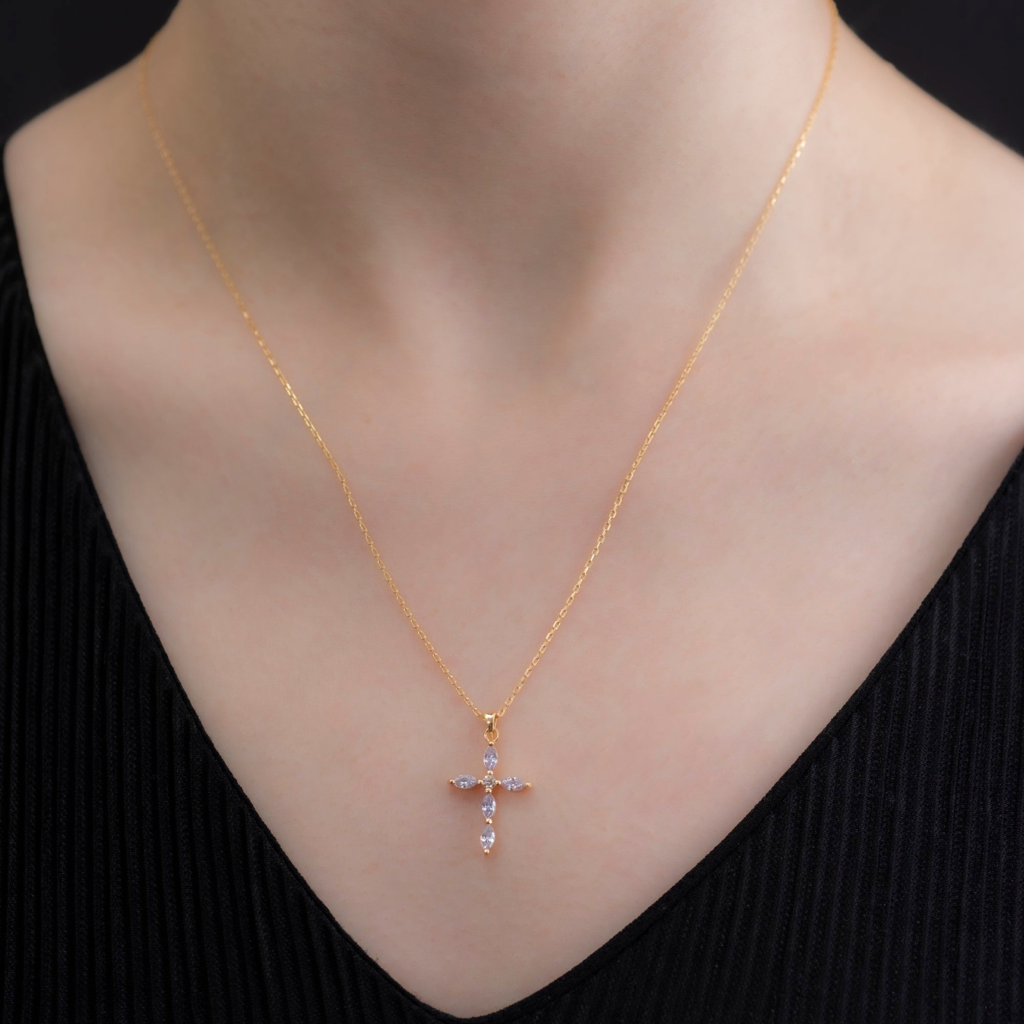 Alexandrite Single Diamond Marquise Cross Necklace in 14K Solid Gold, June Birthstone Pendant Queen Jewelry Necklace