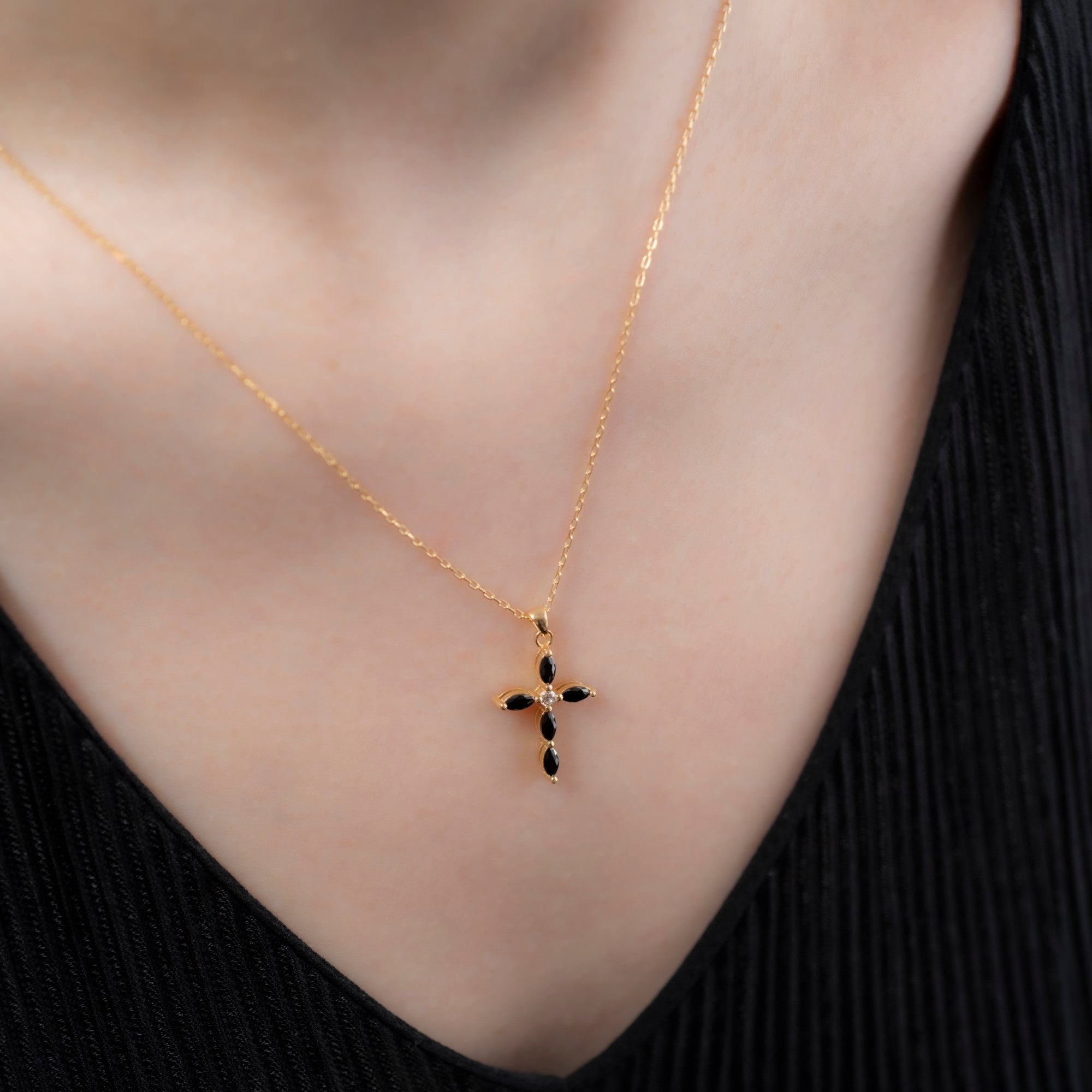 Black Onyx Single Diamond Marquise Cross Necklace in 14K Solid Gold, Birthstone Pendant Queen Jewelry Necklace