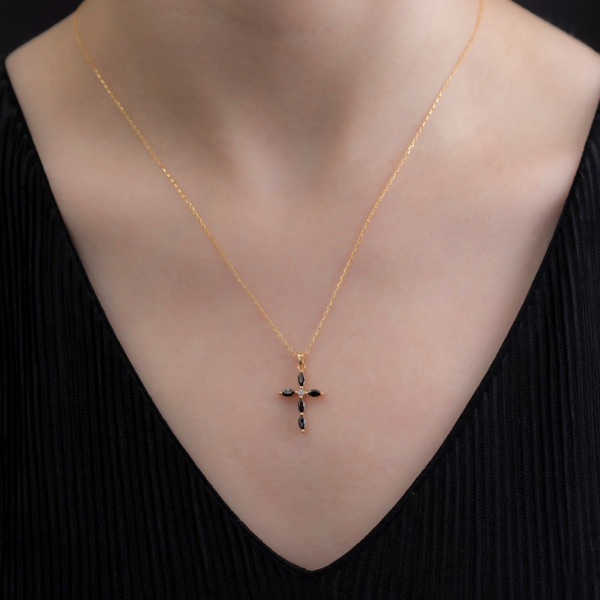 Black Onyx Single Diamond Marquise Cross Necklace in 14K Solid Gold, Birthstone Pendant Queen Jewelry Necklace