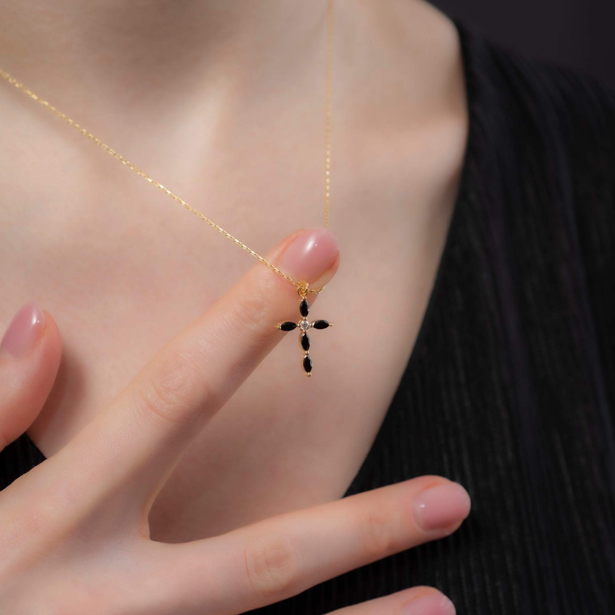 Black Onyx Single Diamond Marquise Cross Necklace in 14K Solid Gold, Birthstone Pendant Queen Jewelry Necklace