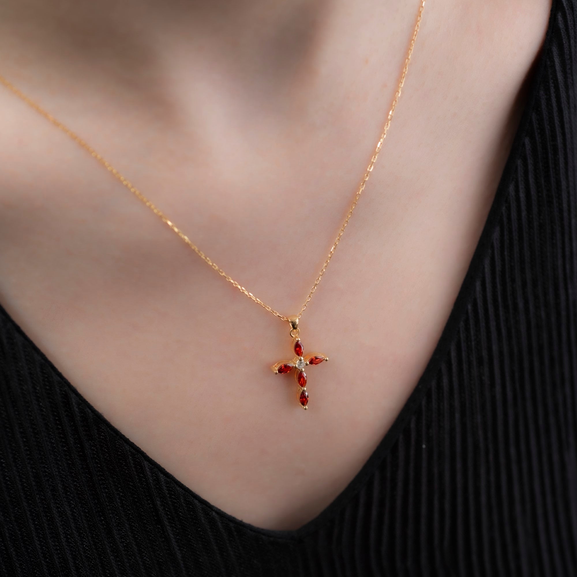 Garnet Single Diamond Marquise Cross Necklace in 14K Solid Gold, January Birthstone Pendant Queen Jewelry Necklace