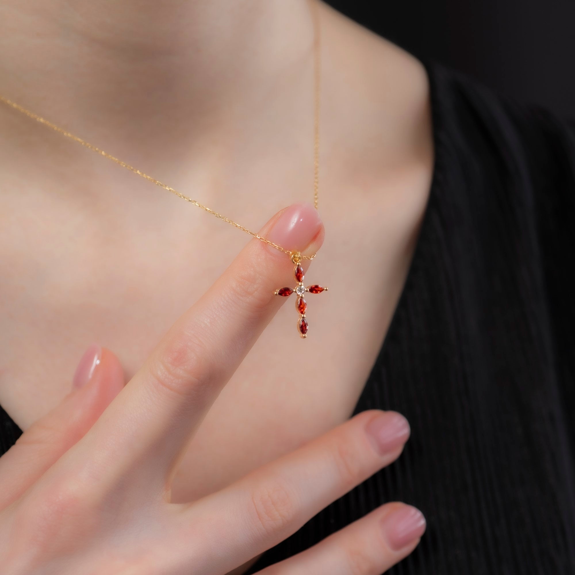 Garnet Single Diamond Marquise Cross Necklace in 14K Solid Gold, January Birthstone Pendant Queen Jewelry Necklace