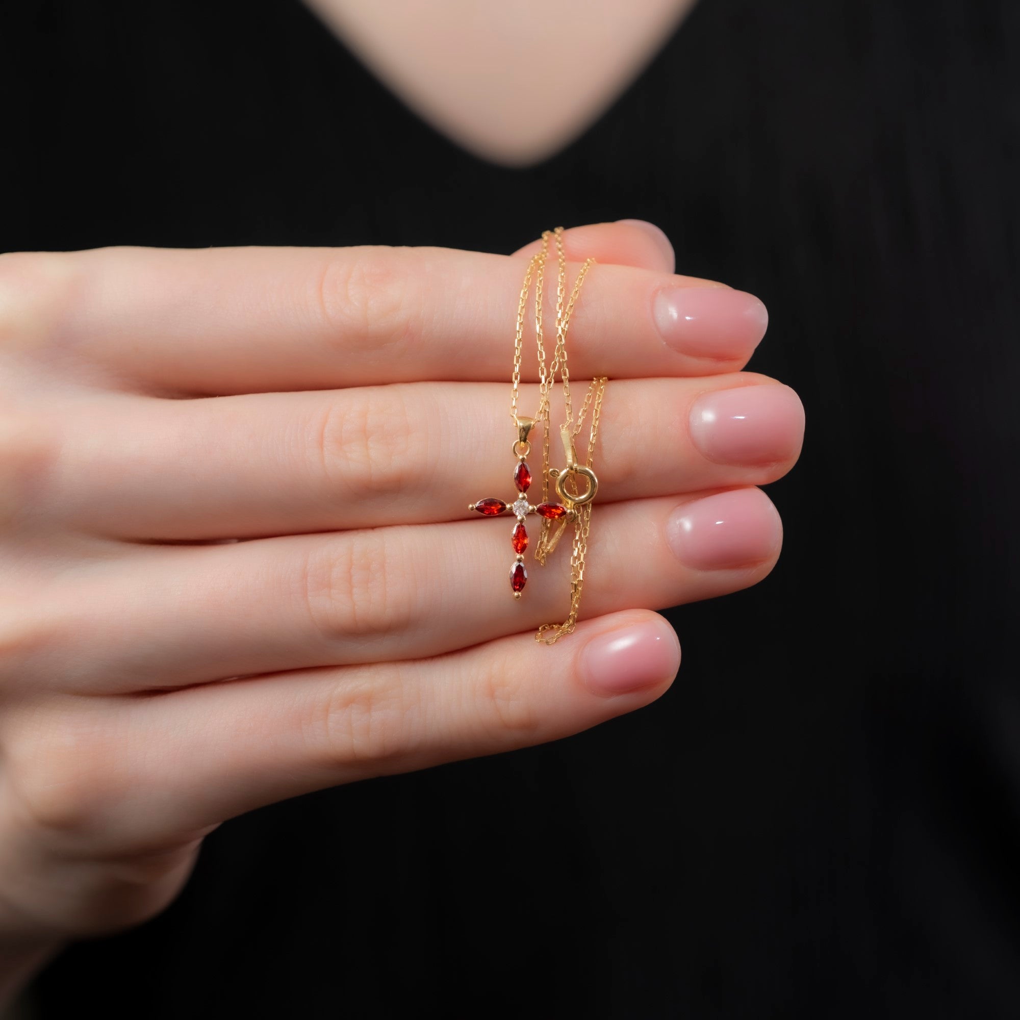 Garnet Single Diamond Marquise Cross Necklace in 14K Solid Gold, January Birthstone Pendant Queen Jewelry Necklace