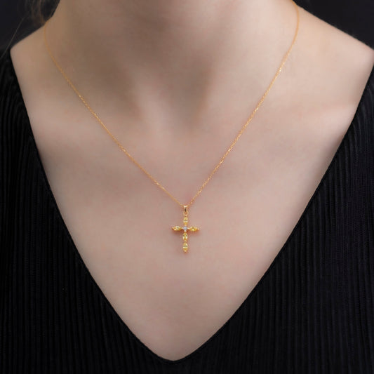 Yellow Topaz Single Diamond Marquise Cross Necklace in 14K Solid Gold, Birthstone Pendant Queen Jewelry Necklace