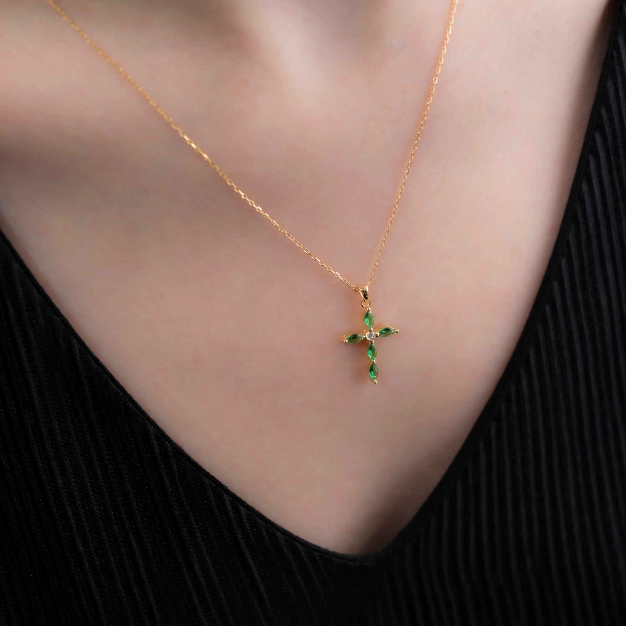 Emerald Single Diamond Marquise Cross Necklace in 14K Solid Gold, May Birthstone Pendant Queen Jewelry Necklace