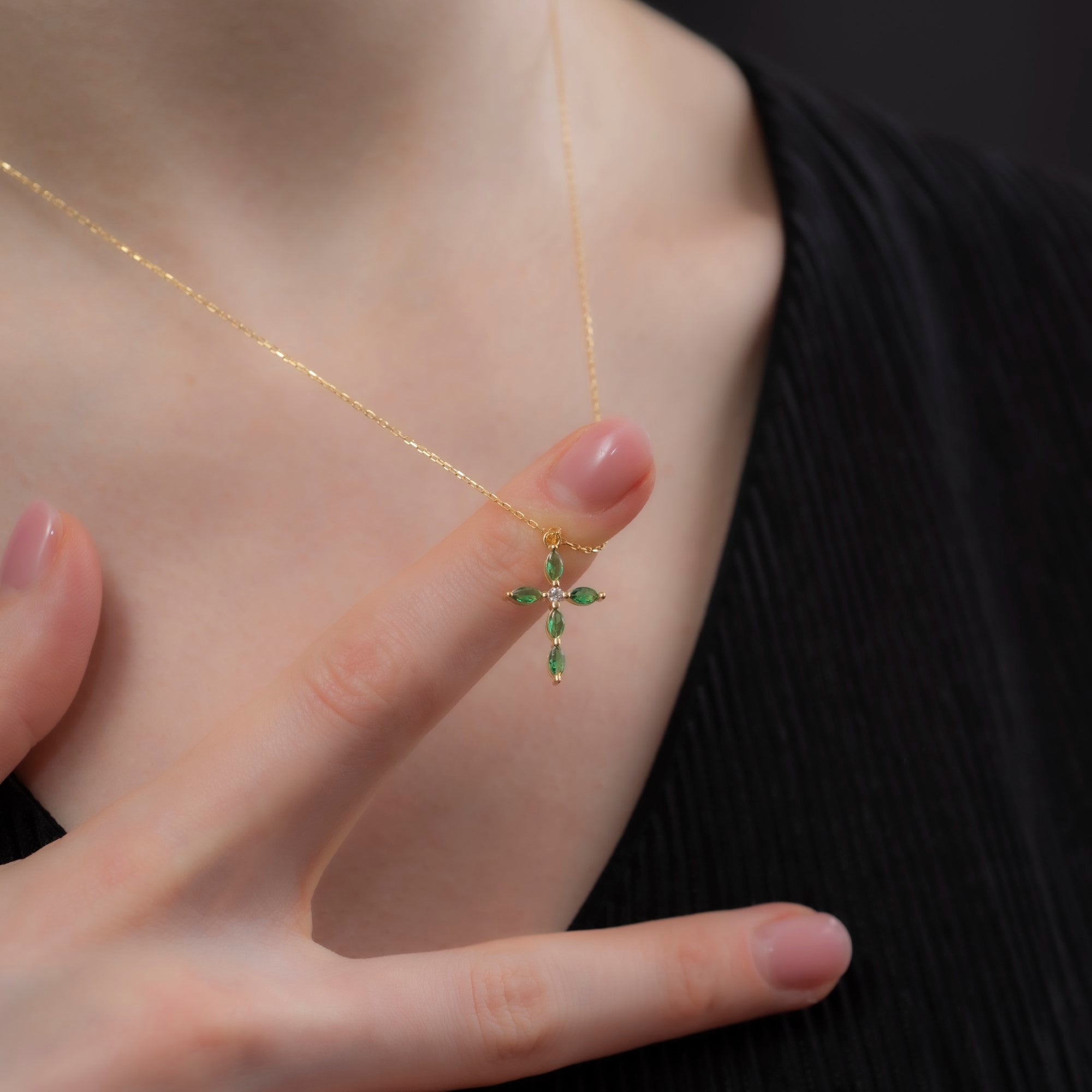 Emerald Single Diamond Marquise Cross Necklace in 14K Solid Gold, May Birthstone Pendant Queen Jewelry Necklace