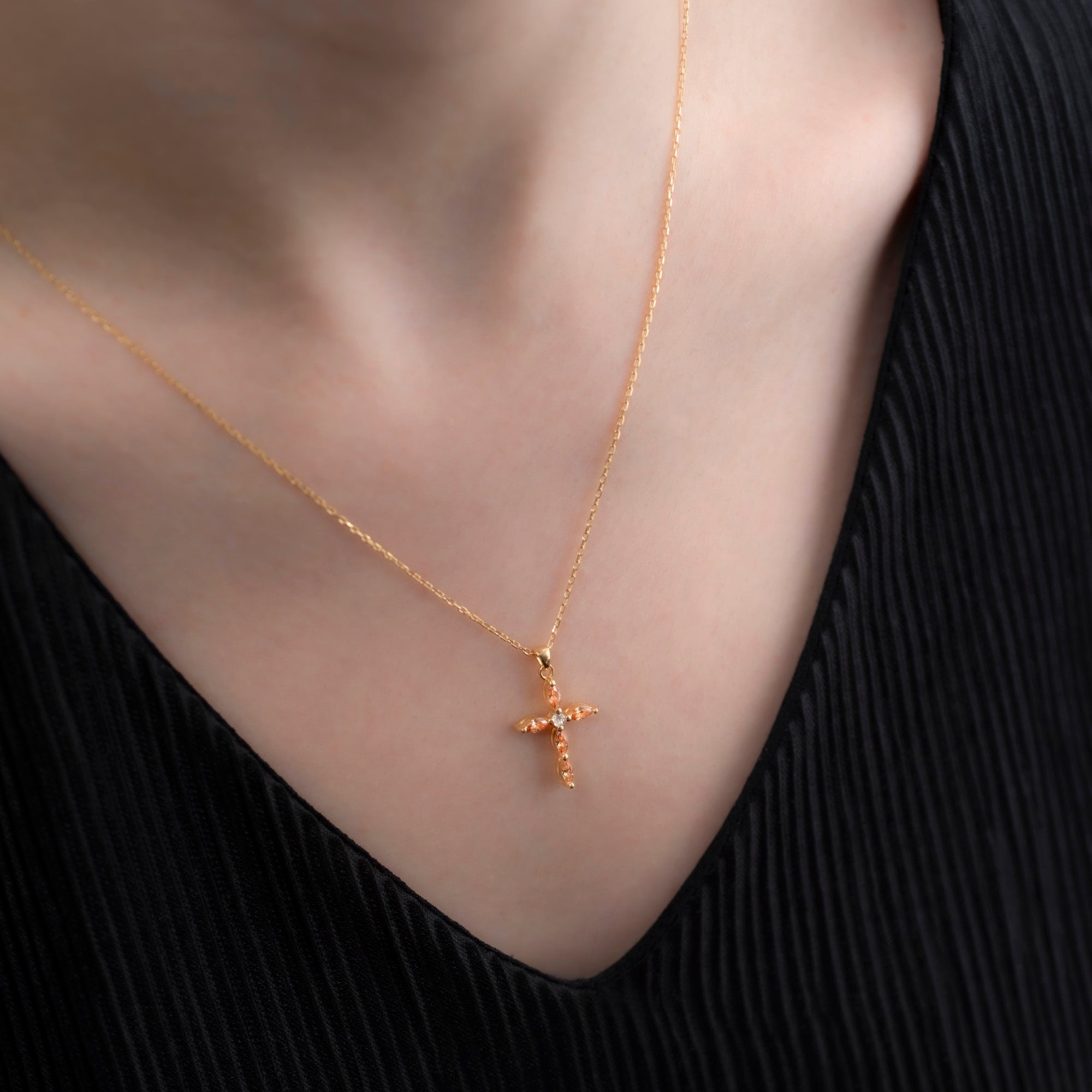 Citrine Single Diamond Marquise Cross Necklace in 14K Solid Gold, November Birthstone Pendant Queen Jewelry Necklace
