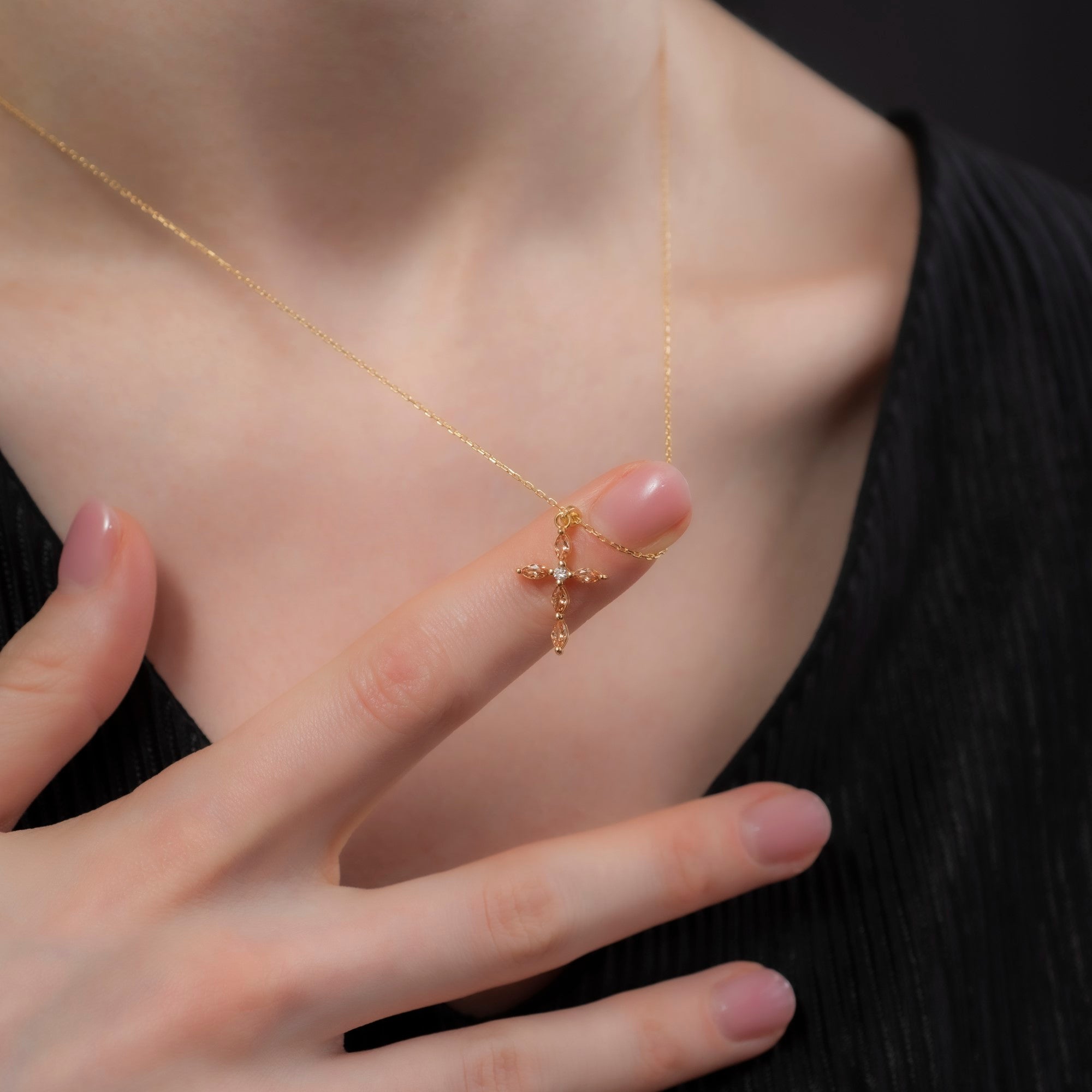 Citrine Single Diamond Marquise Cross Necklace in 14K Solid Gold, November Birthstone Pendant Queen Jewelry Necklace