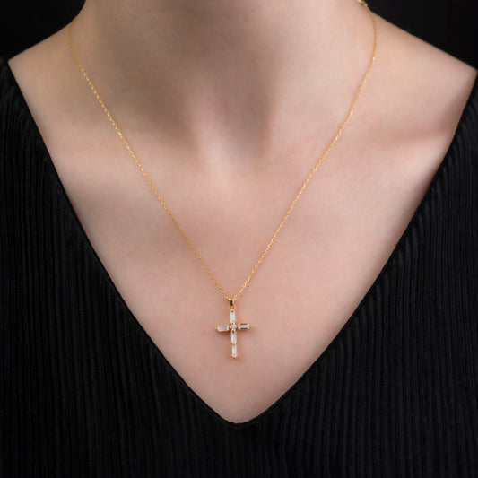 White Topaz Single Diamond Rectangular Cut Cross Necklace in 14K Solid Gold, April Birthstone Pendant Queen Jewelry Necklace