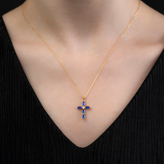 Sapphire Single Diamond Rectangular Cut Cross Necklace in 14K Solid Gold, September Birthstone Pendant Queen Jewelry Necklace