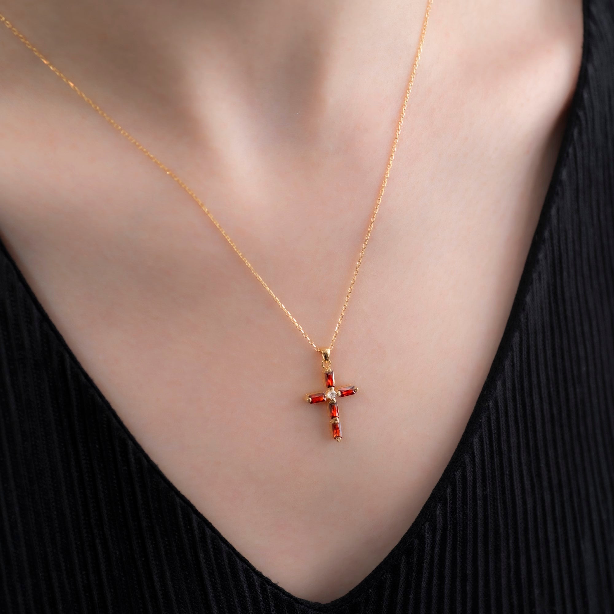 Garnet Single Diamond Rectangular Cut Cross Necklace in 14K Solid Gold, January Birthstone Pendant Queen Jewelry Necklace