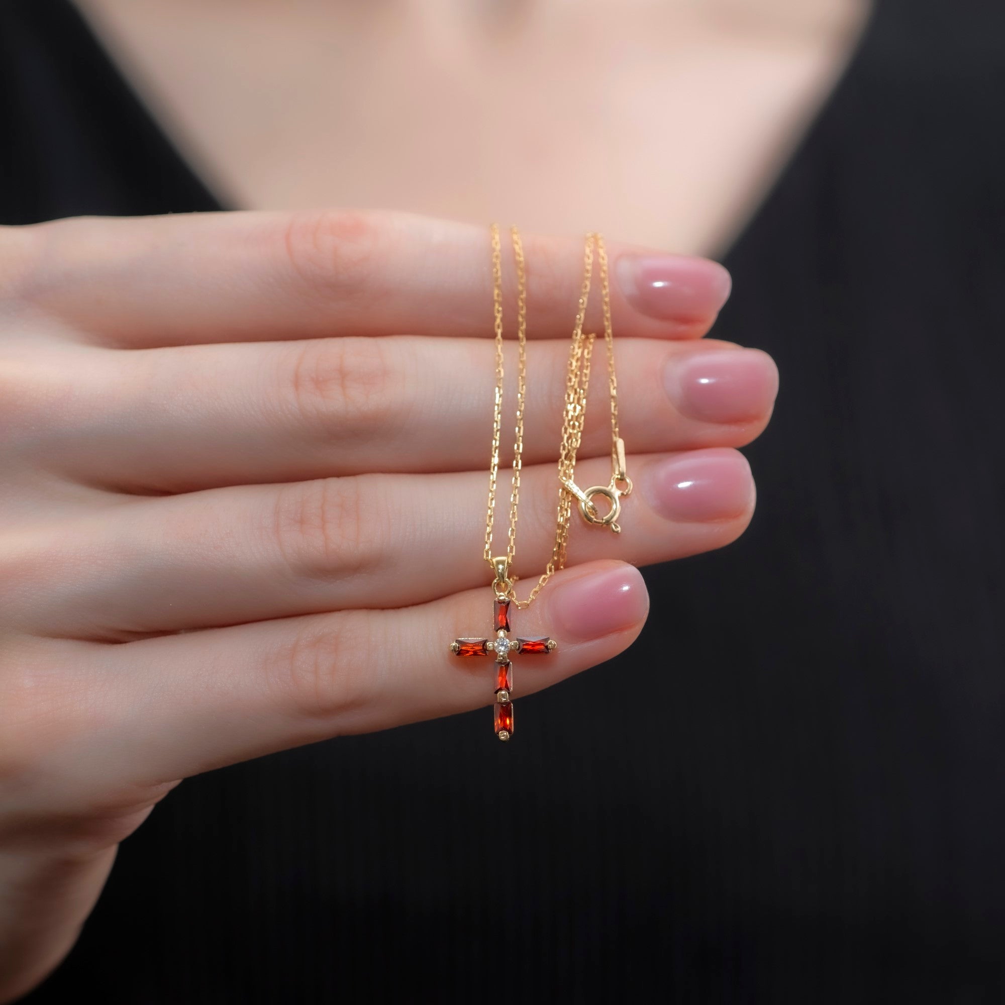 Garnet Single Diamond Rectangular Cut Cross Necklace in 14K Solid Gold, January Birthstone Pendant Queen Jewelry Necklace