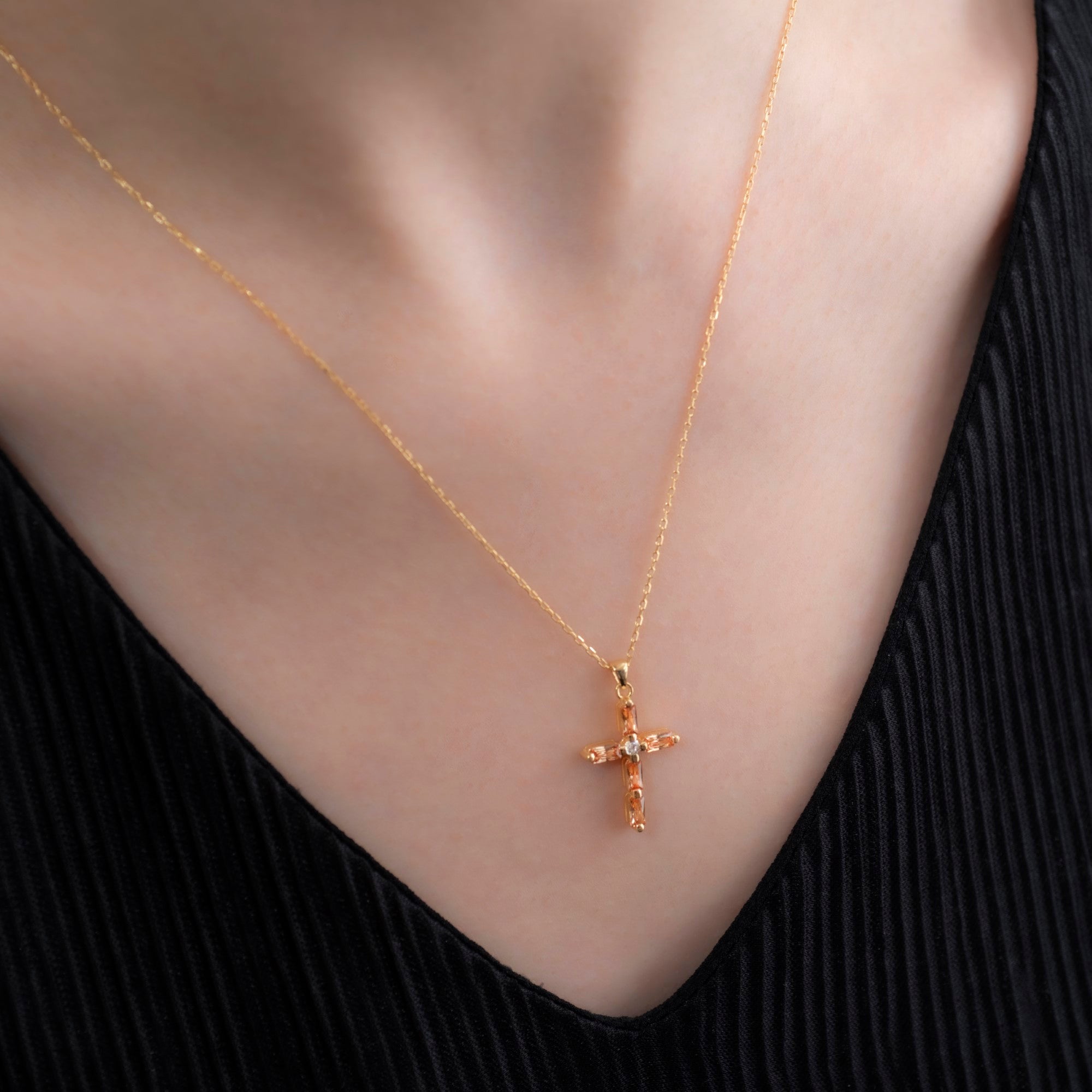 Citrine Single Diamond Rectangular Cut Cross Necklace in 14K Solid Gold, November Birthstone Pendant Queen Jewelry Necklace