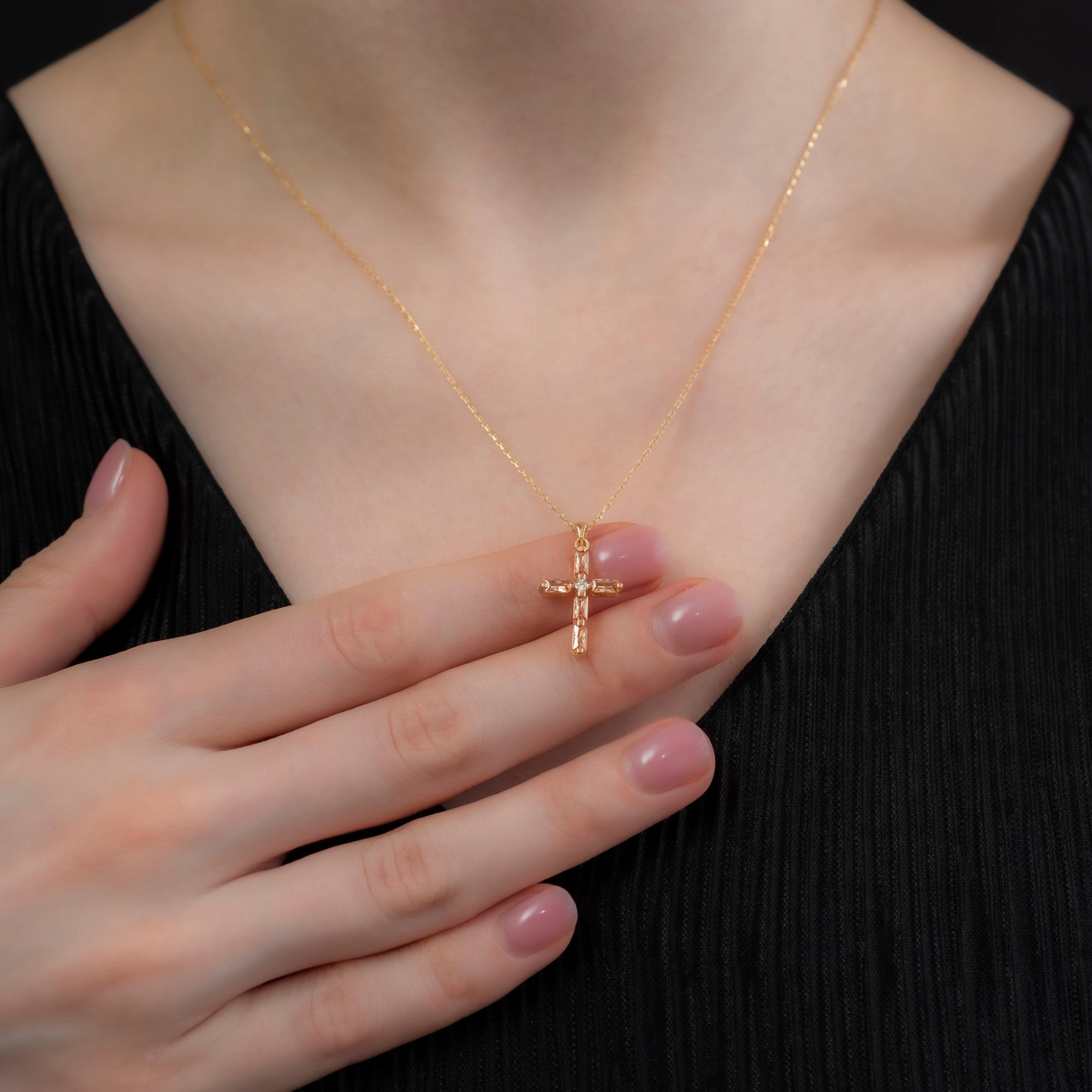 Citrine Single Diamond Rectangular Cut Cross Necklace in 14K Solid Gold, November Birthstone Pendant Queen Jewelry Necklace