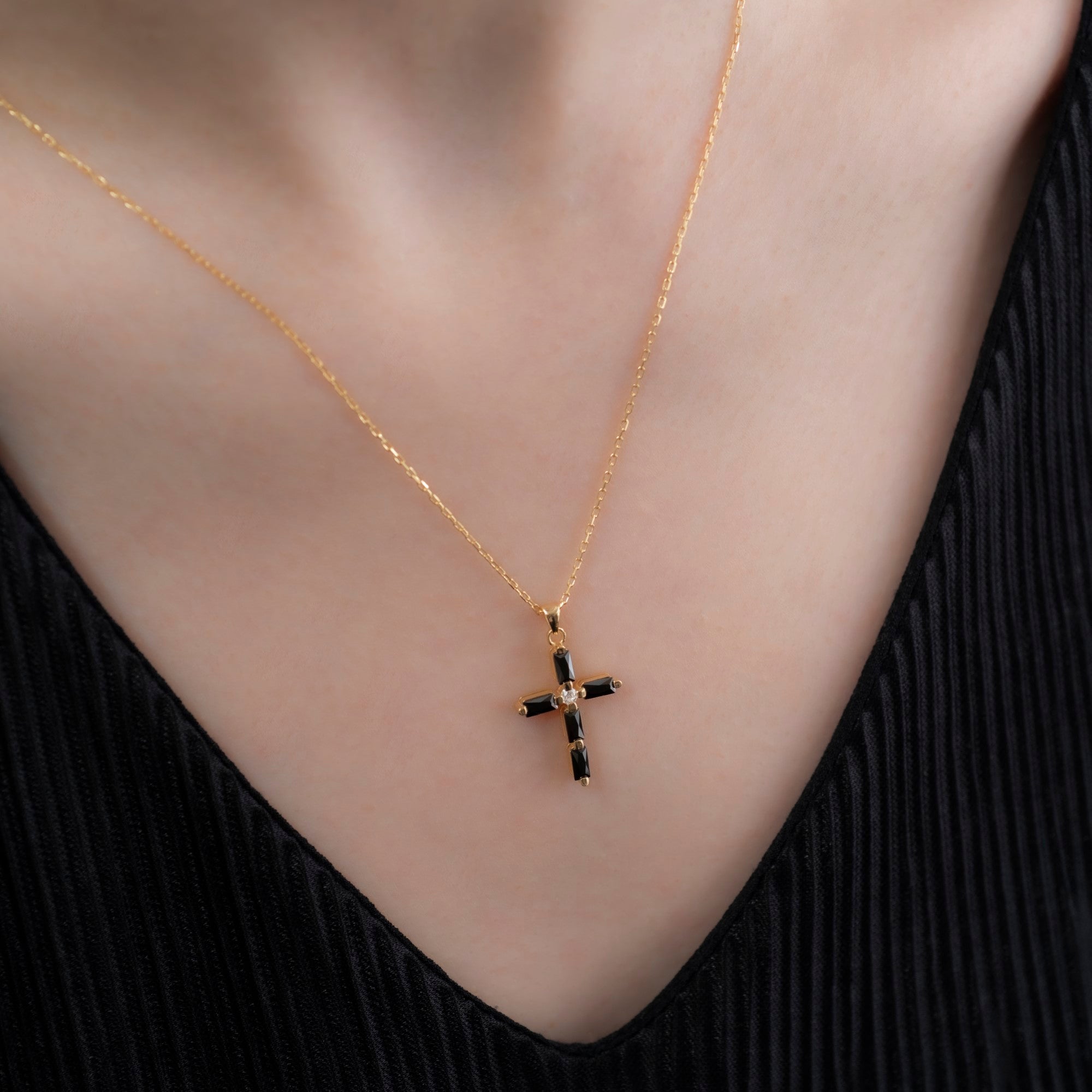 Black Onyx Single Diamond Rectangular Cut Cross Necklace in 14K Solid Gold, Birthstone Pendant Queen Jewelry Necklace