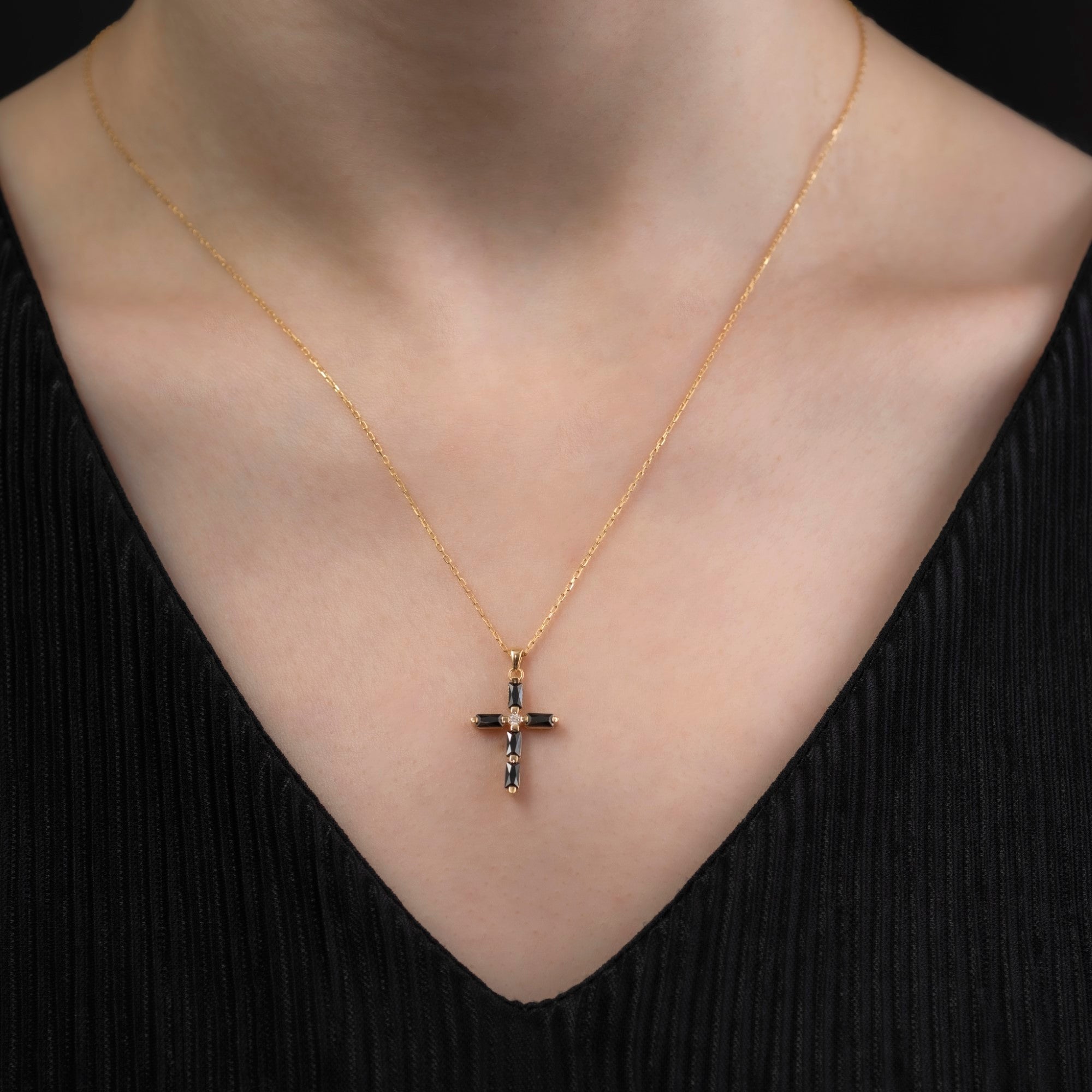 Black Onyx Single Diamond Rectangular Cut Cross Necklace in 14K Solid Gold, Birthstone Pendant Queen Jewelry Necklace