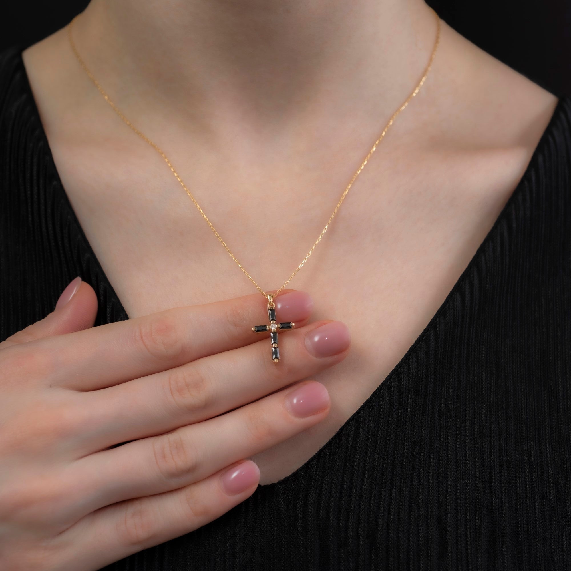 Black Onyx Single Diamond Rectangular Cut Cross Necklace in 14K Solid Gold, Birthstone Pendant Queen Jewelry Necklace