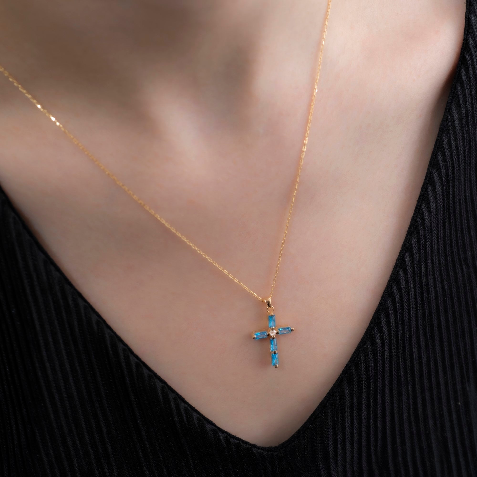 Blue Topaz Single Diamond Rectangular Cut Cross Necklace in 14K Solid Gold, December Birthstone Pendant Queen Jewelry Necklace