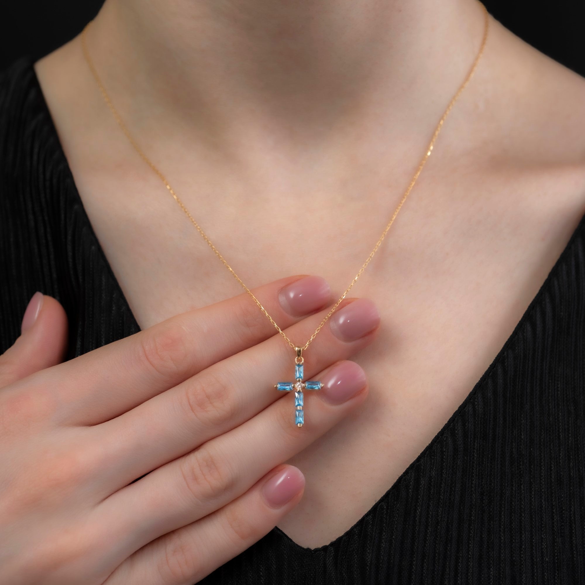 Blue Topaz Single Diamond Rectangular Cut Cross Necklace in 14K Solid Gold, December Birthstone Pendant Queen Jewelry Necklace